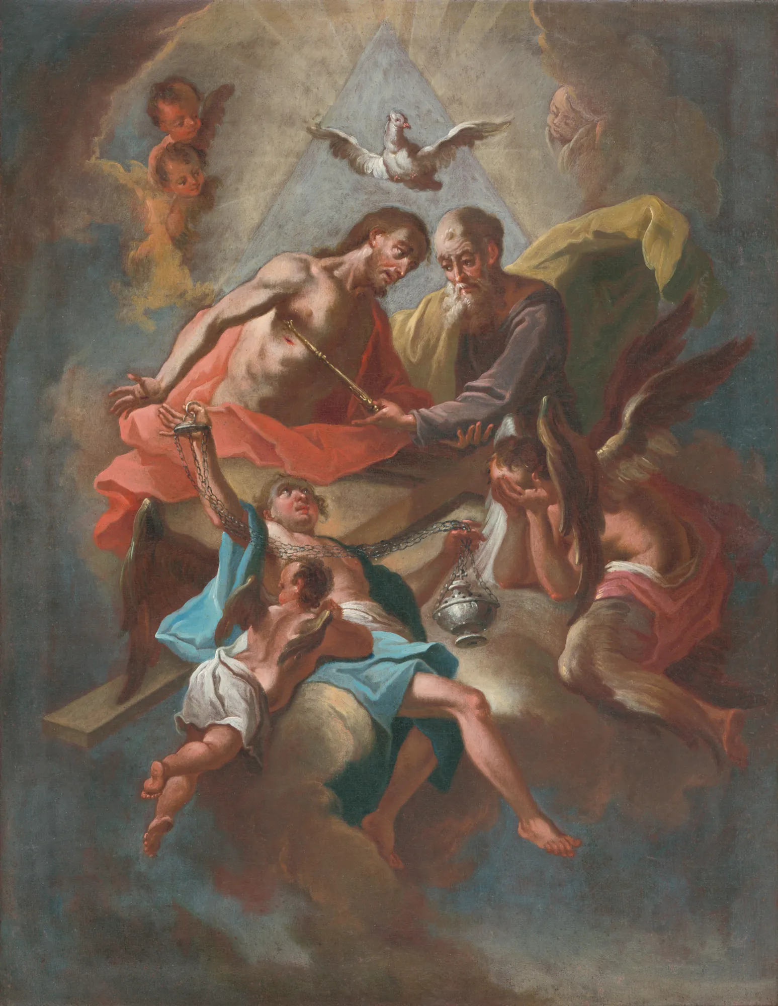 The Holy Trinity The Holy Trinity by Unknown Artist. An 18th-century oil painting depicting the Holy Trinity with Christ, God the Father, and the Holy Spirit as a dove, surrounded by cherubs and angels.