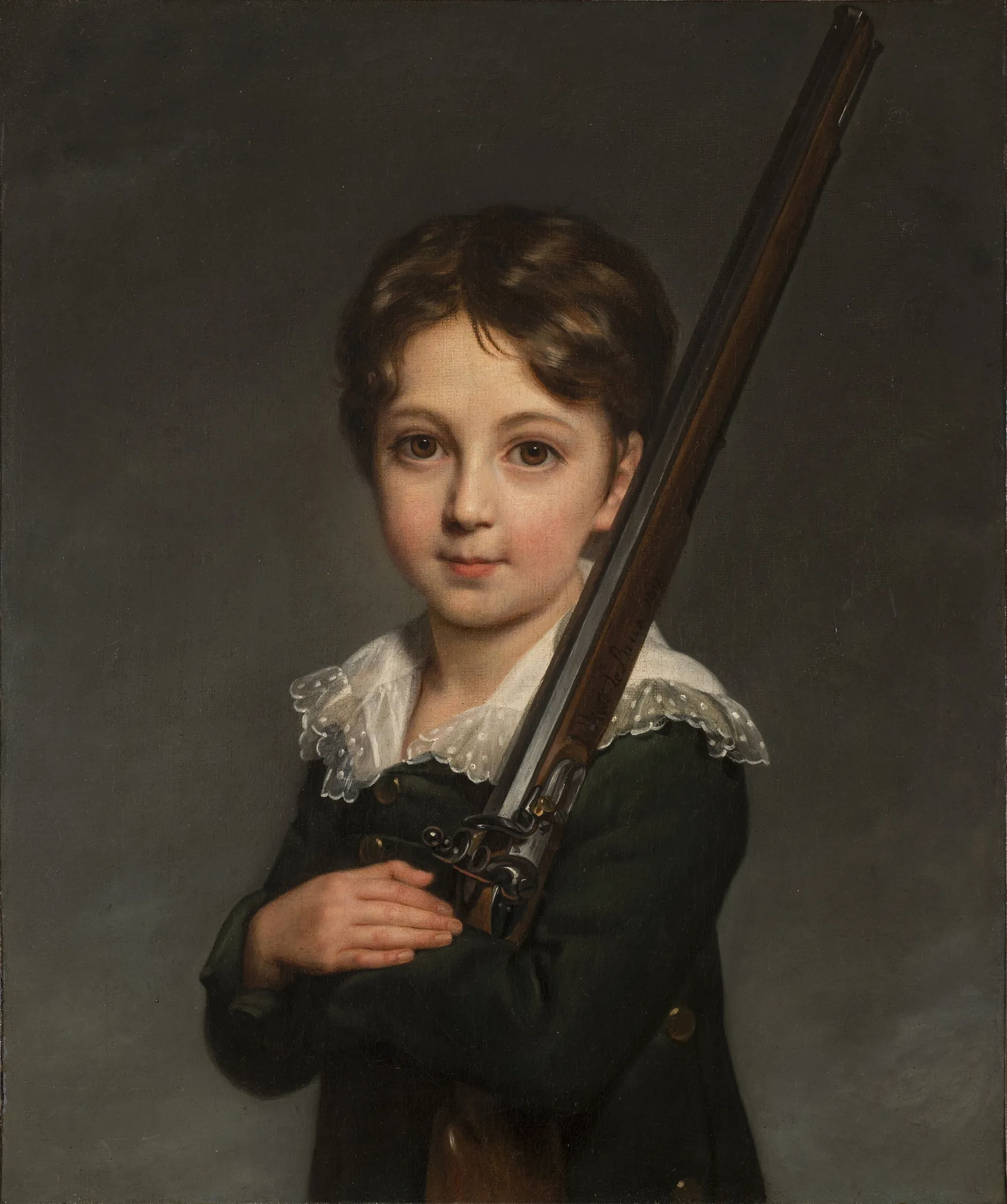 Portrait of a Young Boy Portrait of a Young Boy by Élisabeth Louise Vigée Le Brun. A portrait of a young boy with dark brown hair and wide eyes, wearing a dark coat with a lace collar while holding a long rifle.