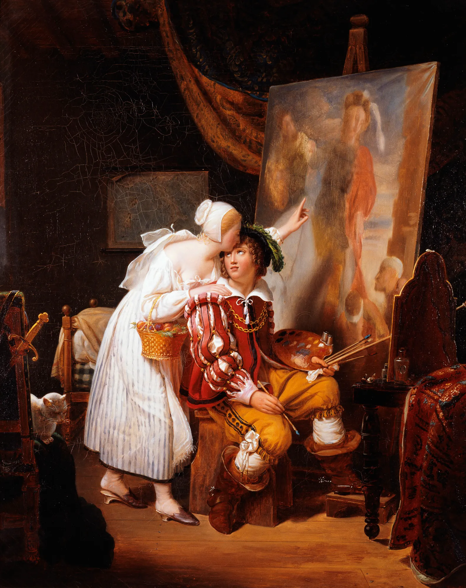 Van Dyck Painting His First Picture Van Dyck Painting His First Picture by Louis Ducis. A young artist in ornate Renaissance attire sits at an easel while a woman in a white dress leans over him, pointing at the unfinished canvas in a dimly lit studio.