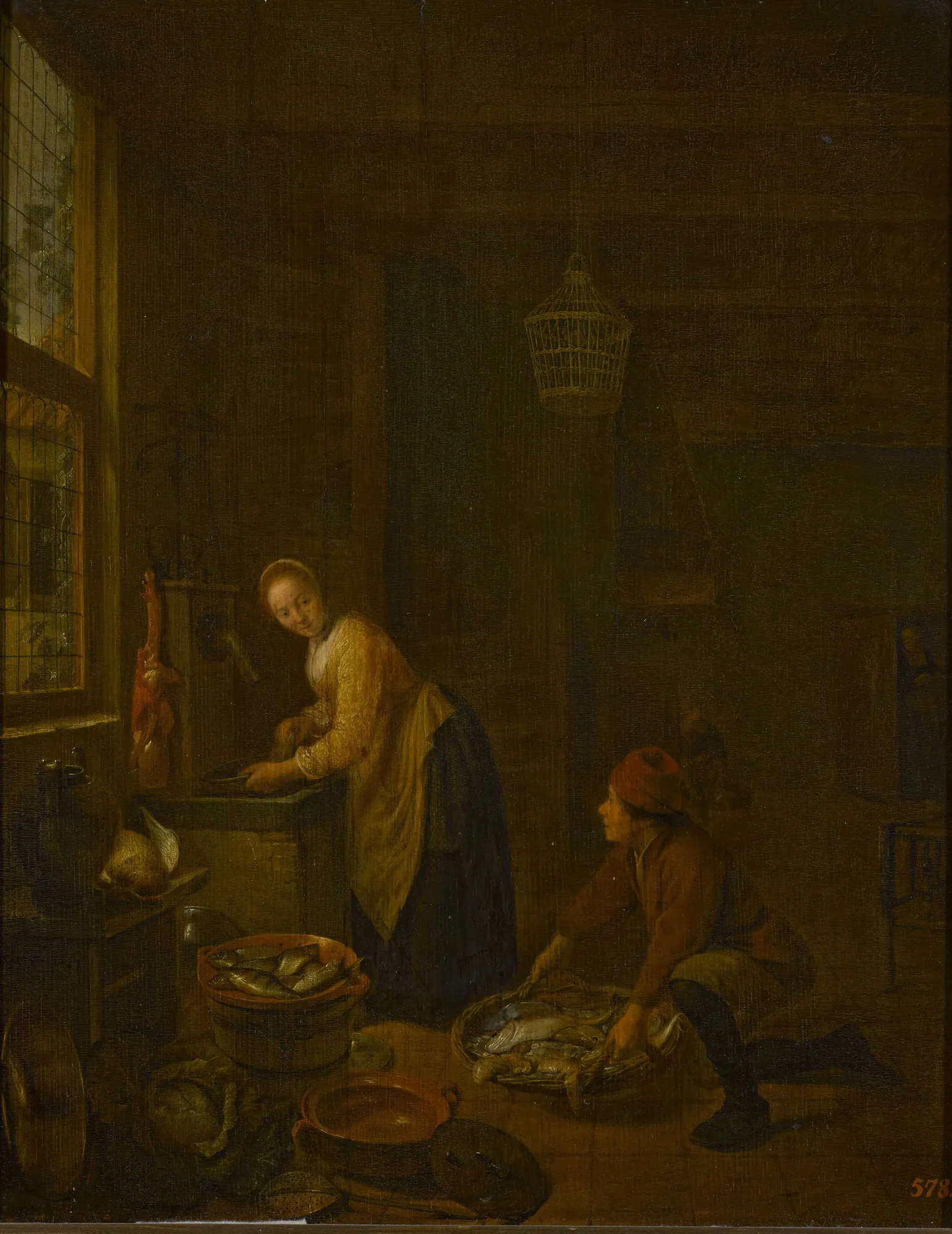 In the Kitchen In the Kitchen by Hendrik Martenszoon Sorgh. A seventeenth-century Dutch kitchen scene featuring a woman in traditional dress at a counter while a man presents a basket of fresh fish.