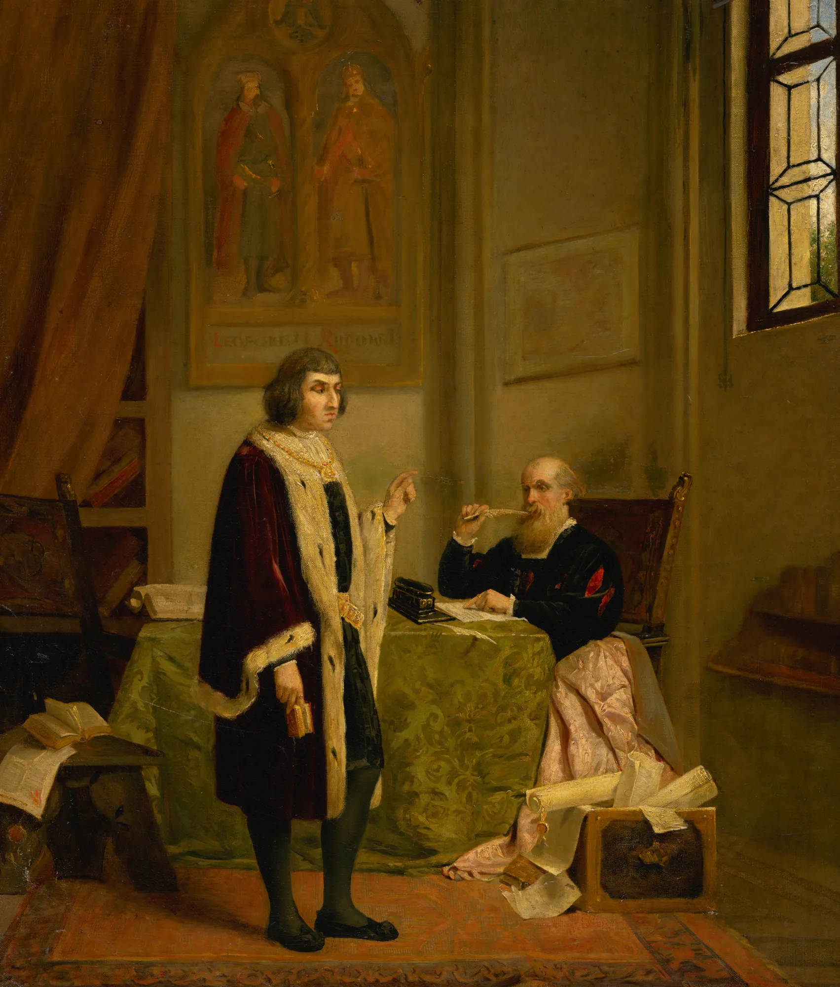 Emperor Maximilian Dictating His Memoirs Emperor Maximilian Dictating His Memoirs by Döme Skuteczky. An oil painting depicting Emperor Maximilian standing in an ornate fur-lined robe while dictating to a seated scribe in a dimly lit study.