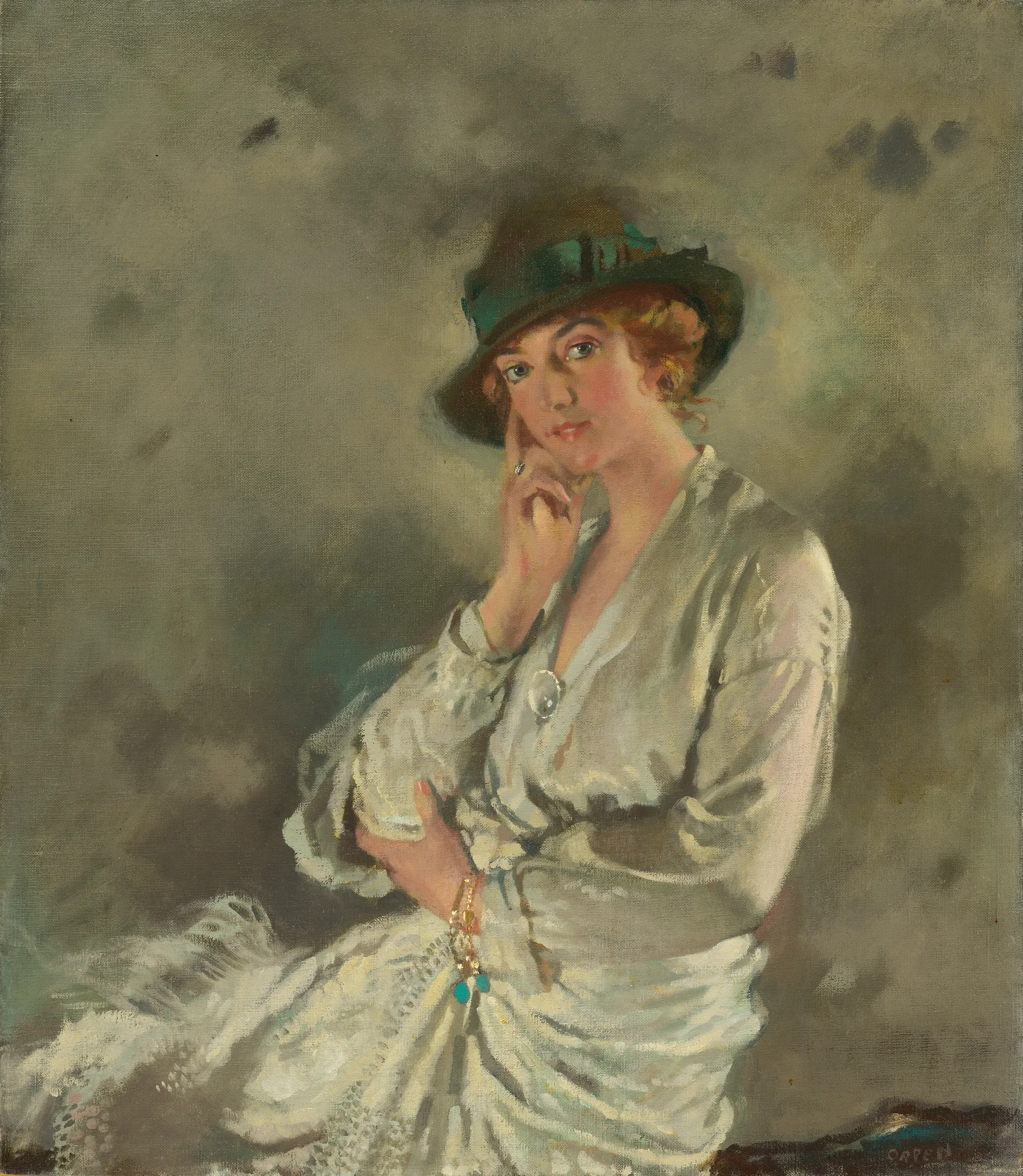 Mrs. Charles S. Carstairs Mrs. Charles S. Carstairs by William Orpen. An elegant portrait of a woman wearing a dark hat with a green ribbon and a shimmering white wrap against a mottled gray background.