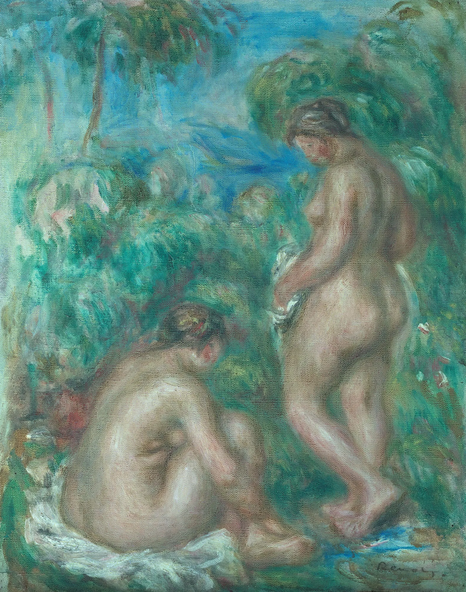Bathers (Badende kvinner) Bathers (Badende kvinner) by Pierre-Auguste Renoir. Two nude women are depicted in a lush, green and blue impressionist landscape with sun-dappled light.