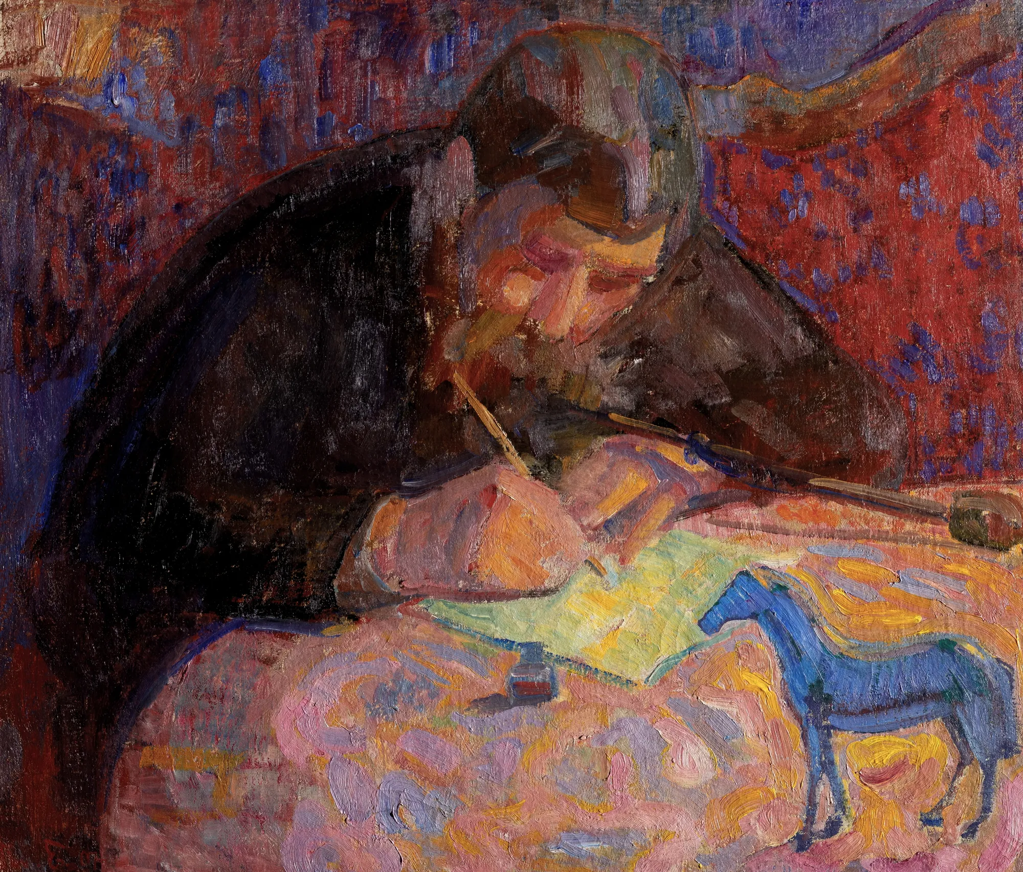 Jorde Writing Home Jorde Writing Home by Thorvald Erichsen. A man with a pipe leans over a brightly colored table to write a letter next to a small blue horse figurine.