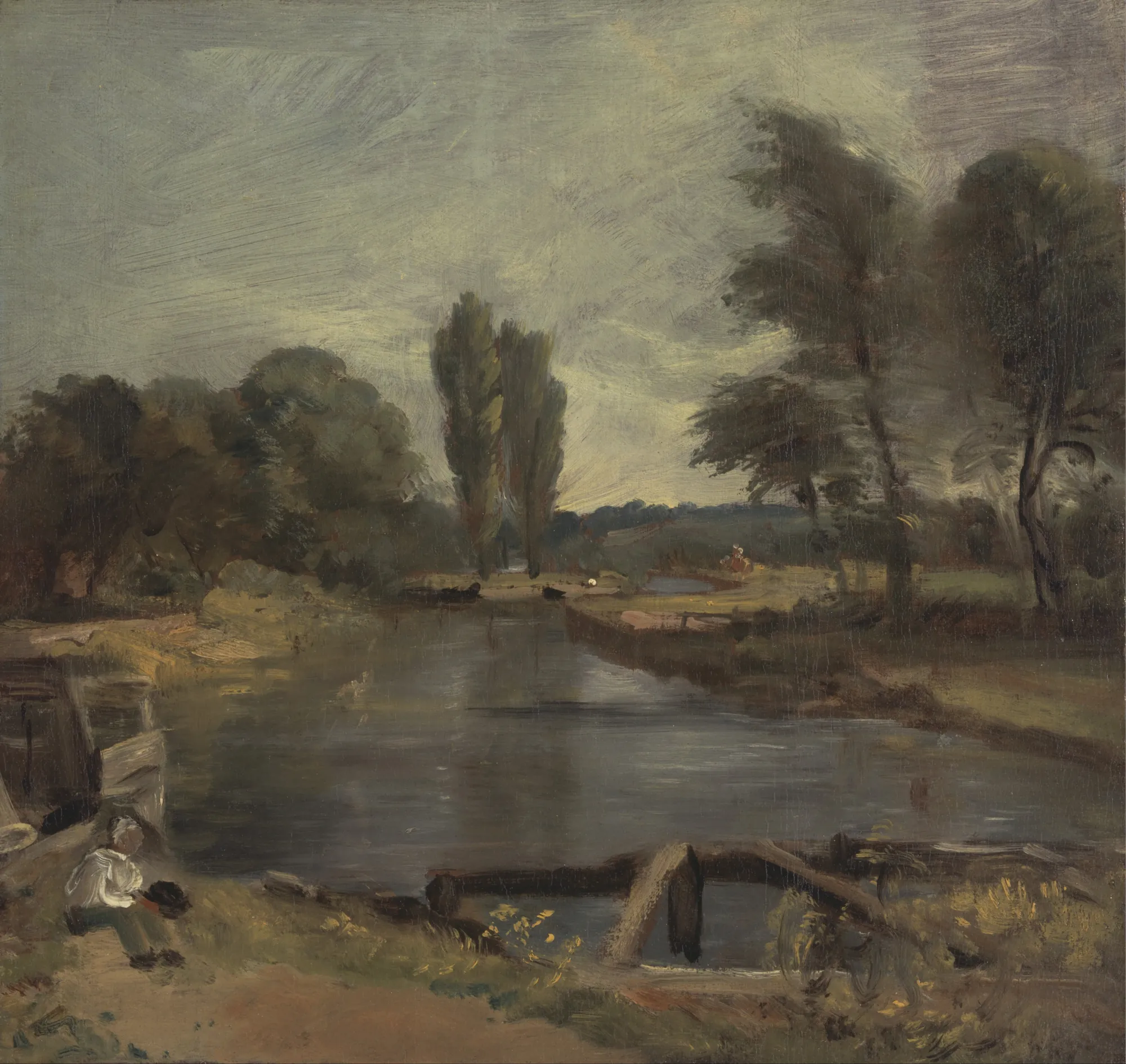 Flatford Lock Flatford Lock by John Constable. A painterly oil sketch of a river lock flanked by tall trees under a broad, expressive sky.