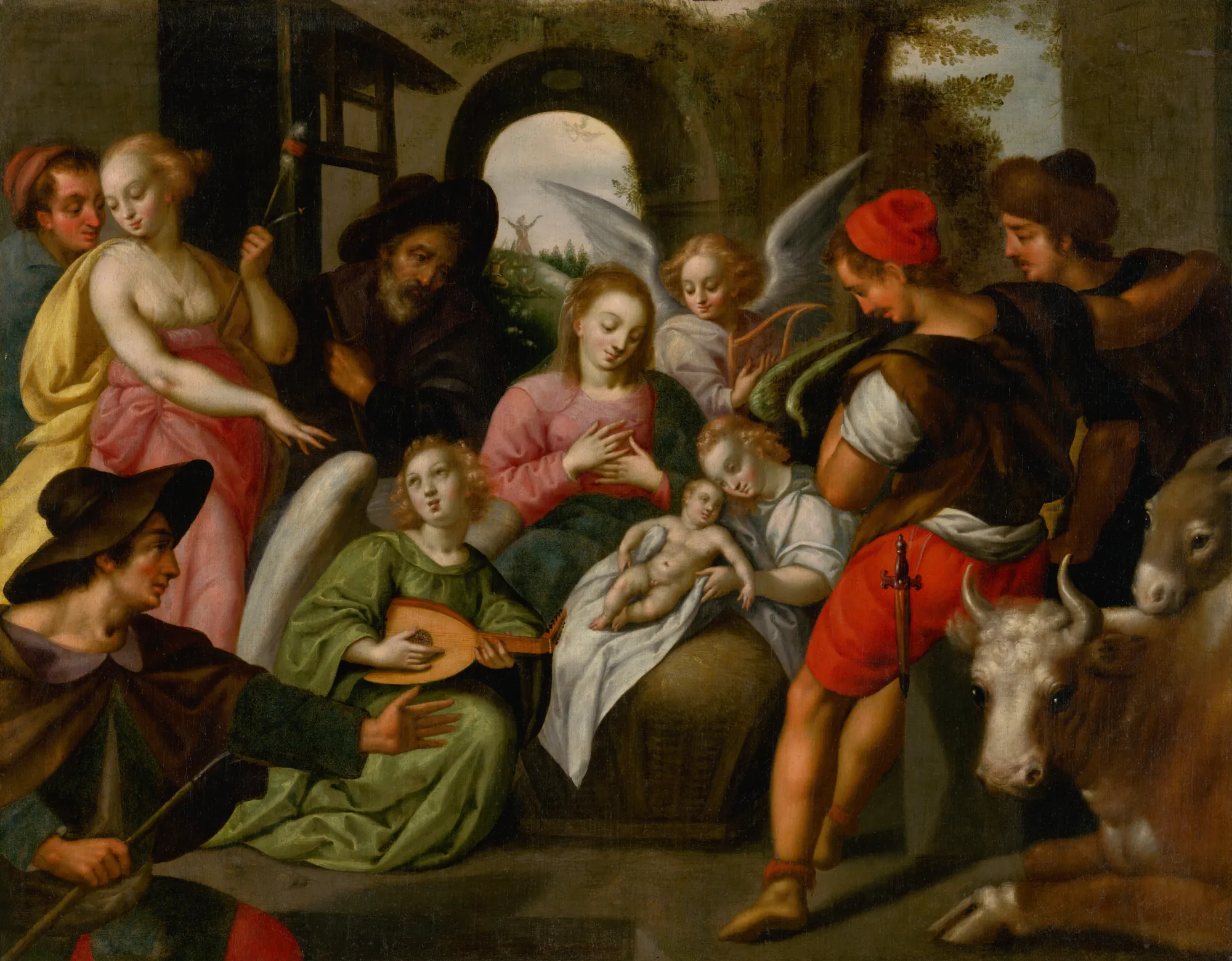 Adoration of the Shepherds Adoration of the Shepherds by Hans Rottenhammer. A crowded biblical scene depicting the Virgin Mary and the infant Jesus surrounded by adoring shepherds, musical angels, and livestock.