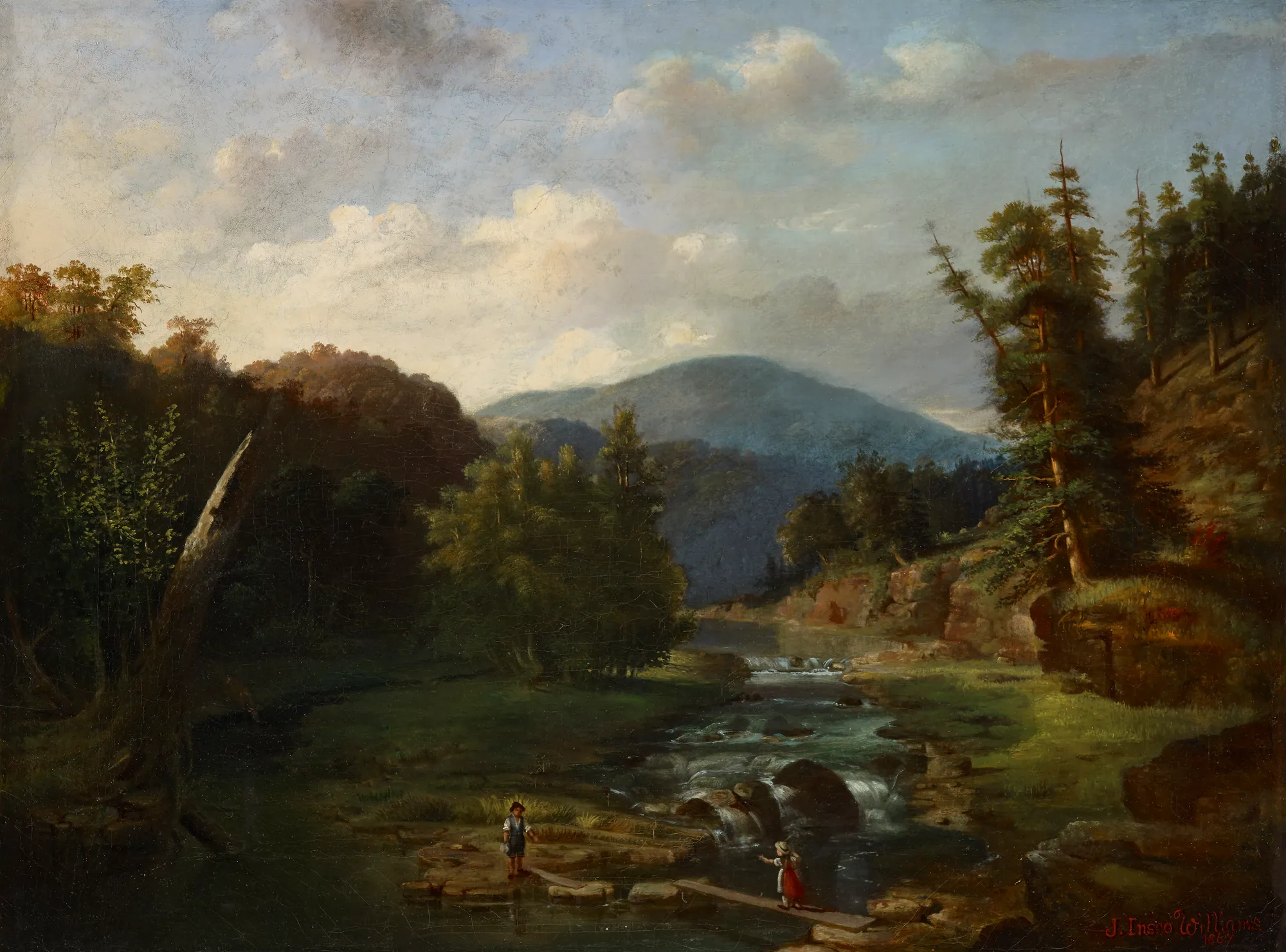 Landscape in Ohio Landscape in Ohio by John Insco Williams. A serene river winds through a lush, mountainous valley under a cloudy sky, with two small figures crossing on stones in the foreground.