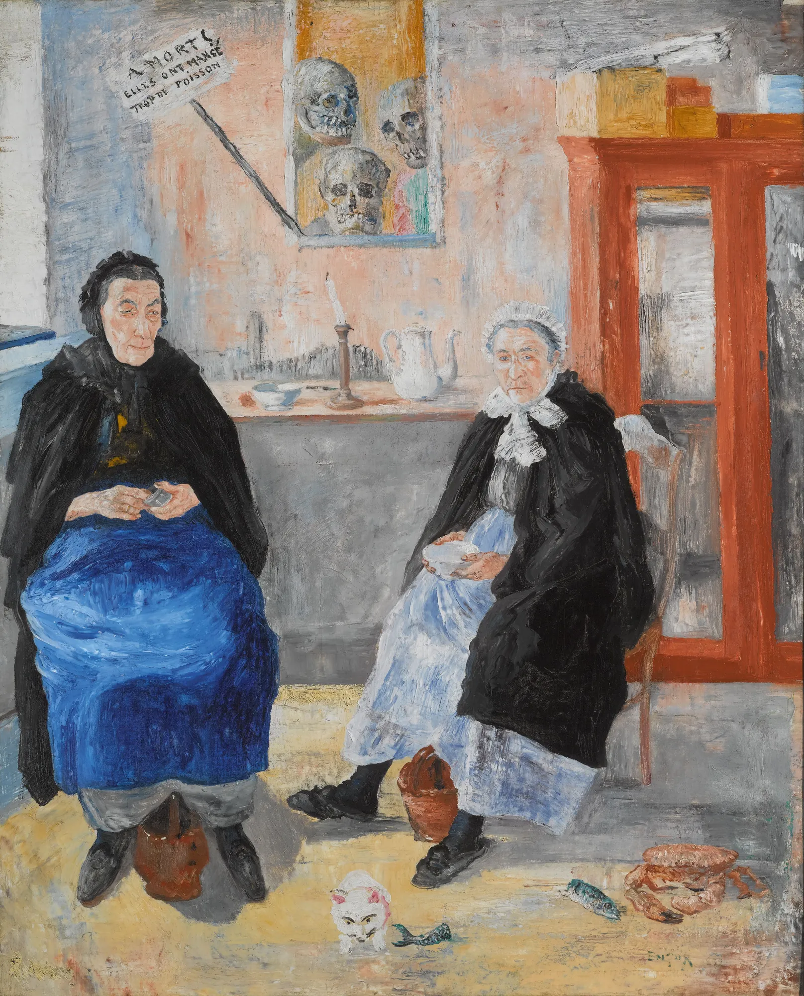 The Melancholy Fishwives The Melancholy Fishwives by James Ensor. Two elderly women in dark cloaks sit in a room filled with symbolic items including skulls, a red cabinet, and fish on the floor.