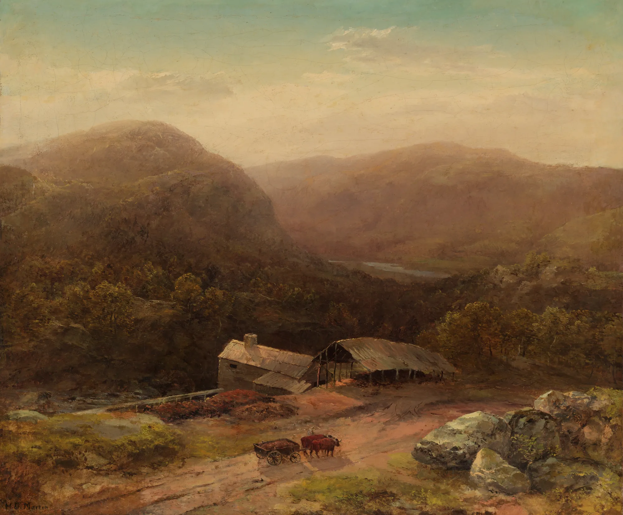 In the Housatonic Valley In the Housatonic Valley by Homer Dodge Martin. A panoramic oil landscape depicting a farmhouse and barn in a sun-drenched valley, with oxen pulling a cart in the foreground and soft mountains in the distance.