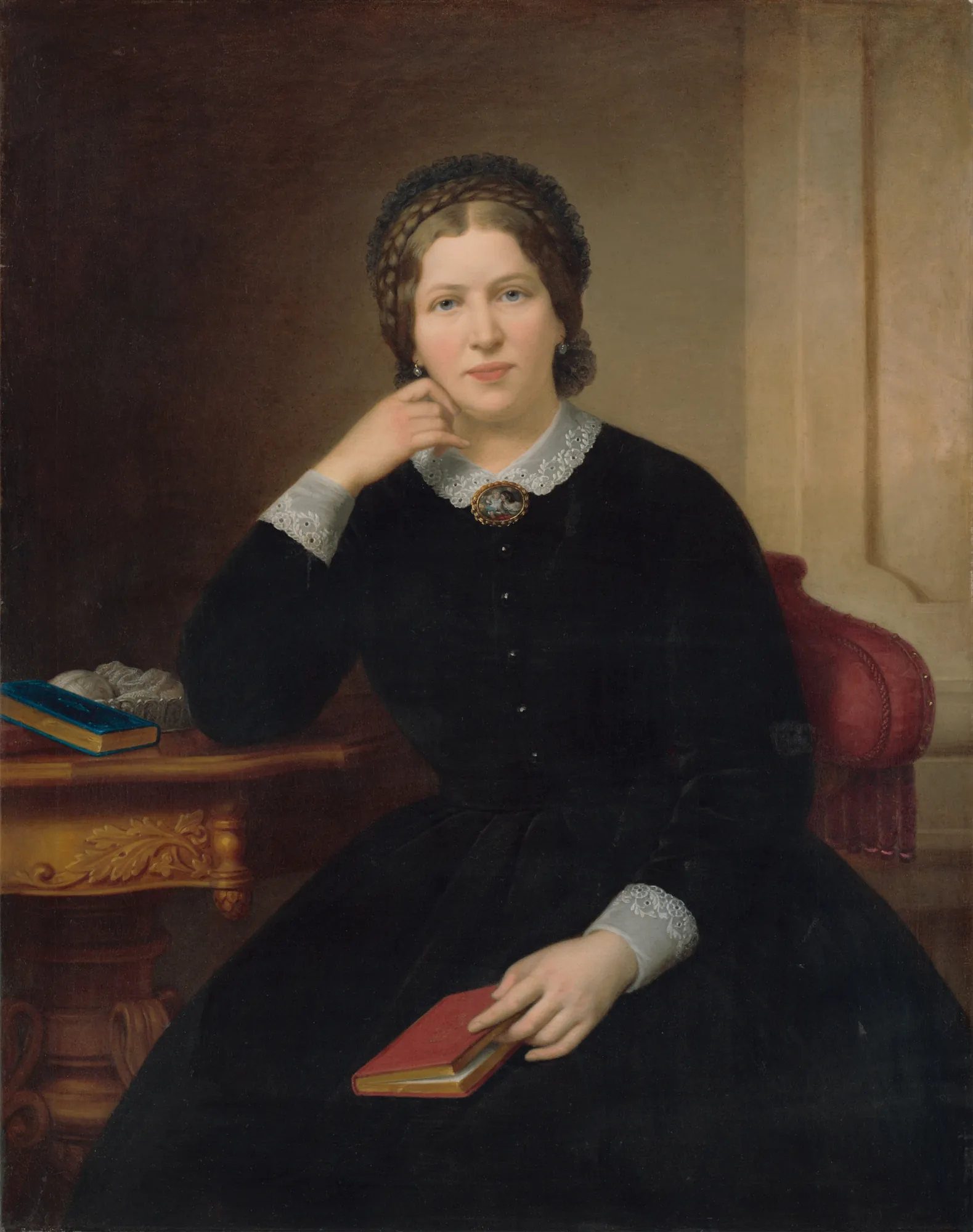 Portrait of Sidónia Príhradná Portrait of Sidónia Príhradná by Miklós Barabás. A three-quarter length portrait of a seated woman in a black velvet dress with a white lace collar, holding a small red book.