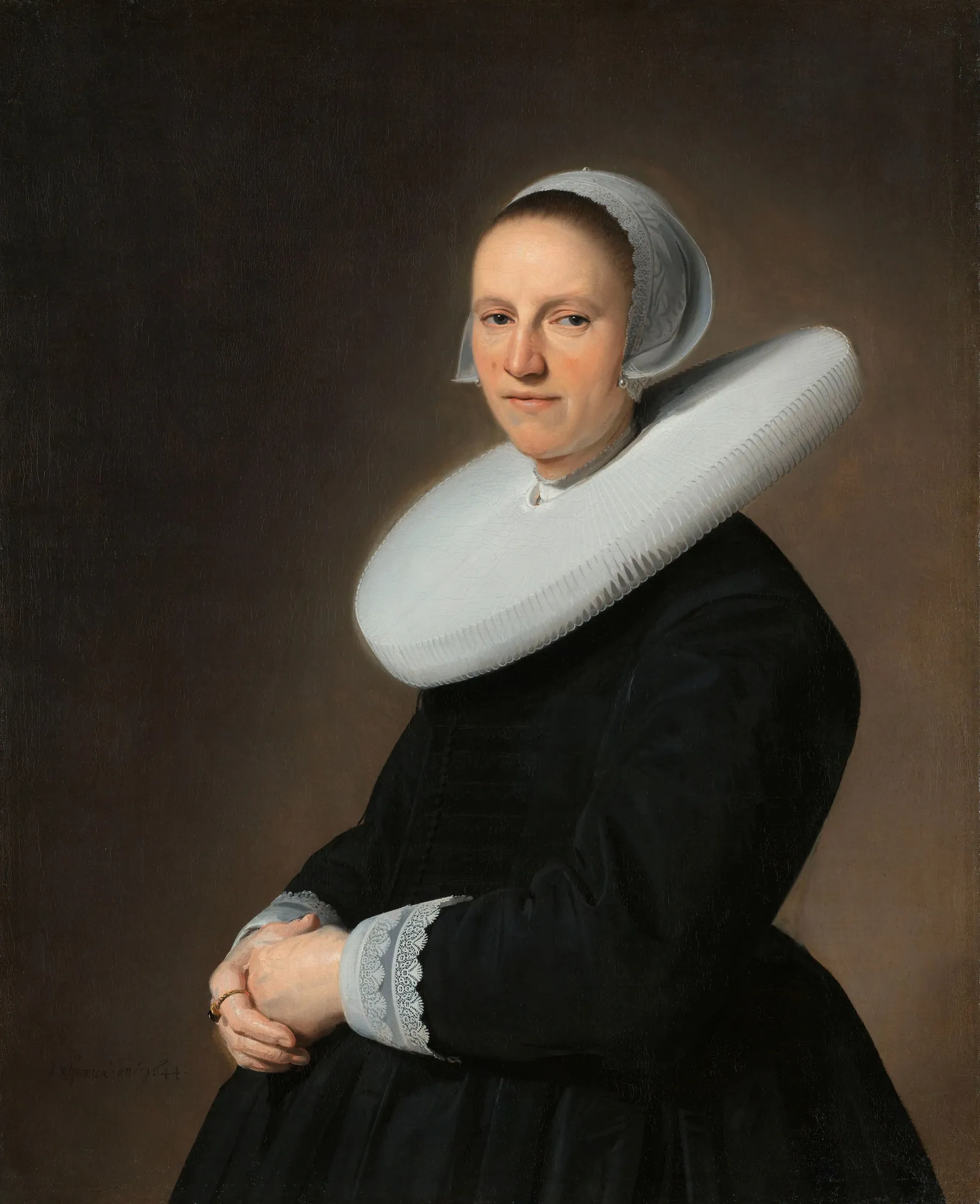 Portrait of Adriana Croes Portrait of Adriana Croes by Johannes Cornelisz Verspronck. A half-length portrait of a 17th-century woman wearing a voluminous white millstone ruff, a black dress, and a lace-trimmed cap.