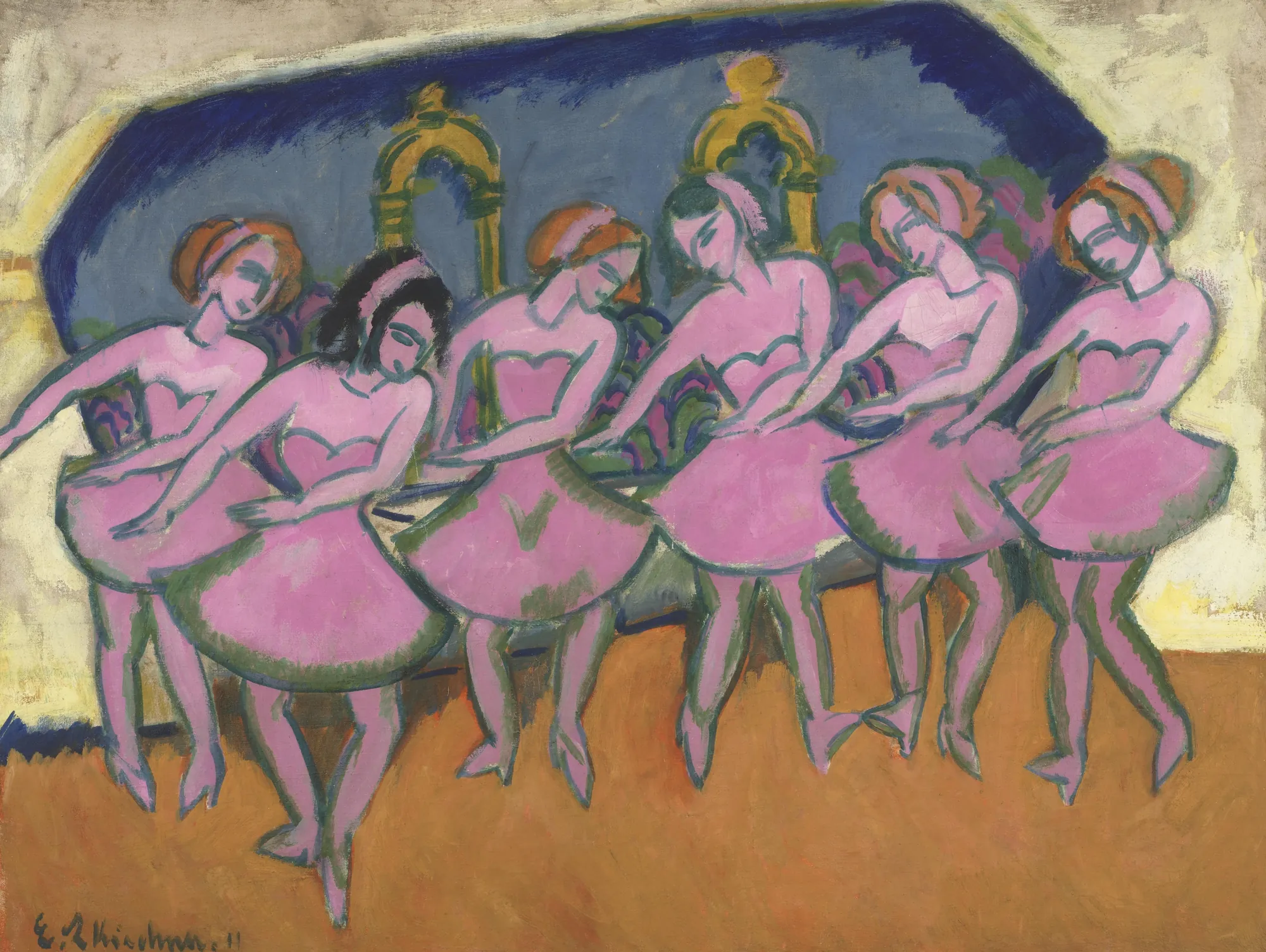 Six Dancers Six Dancers by Ernst Ludwig Kirchner. A vibrant expressionist painting depicting six ballet dancers in pink tutus arranged in a row across a stage.
