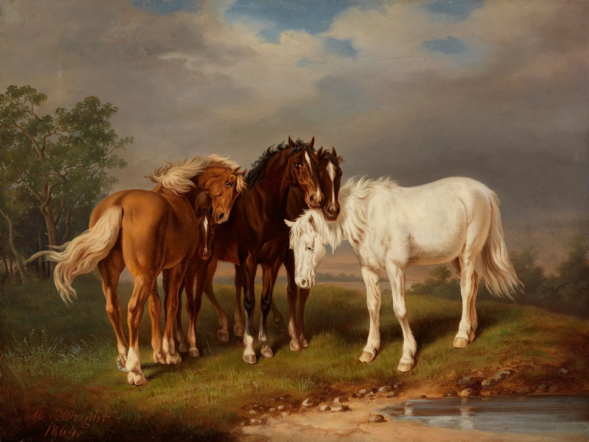 Horses Horses by Magnus von Wright. A grouping of four horses—white, bay, and chestnut—stand together on a grassy bank beside a small pool under a cloudy sky.