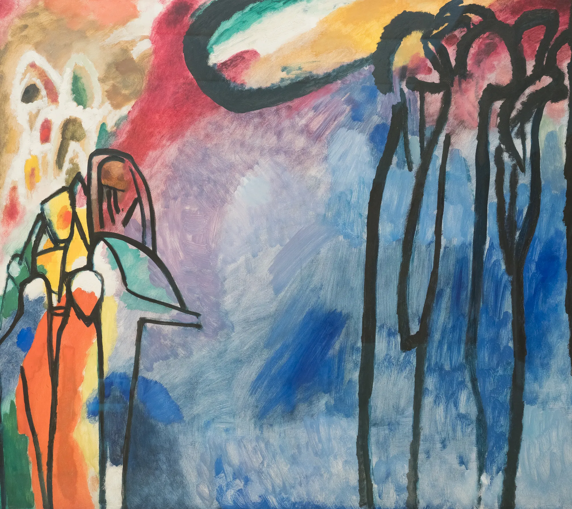 Improvisation 19 Improvisation 19 by Wassily Kandinsky. An abstract composition featuring vibrant washes of blue, pink, and orange overlaid with tall, dark-outlined linear figures.
