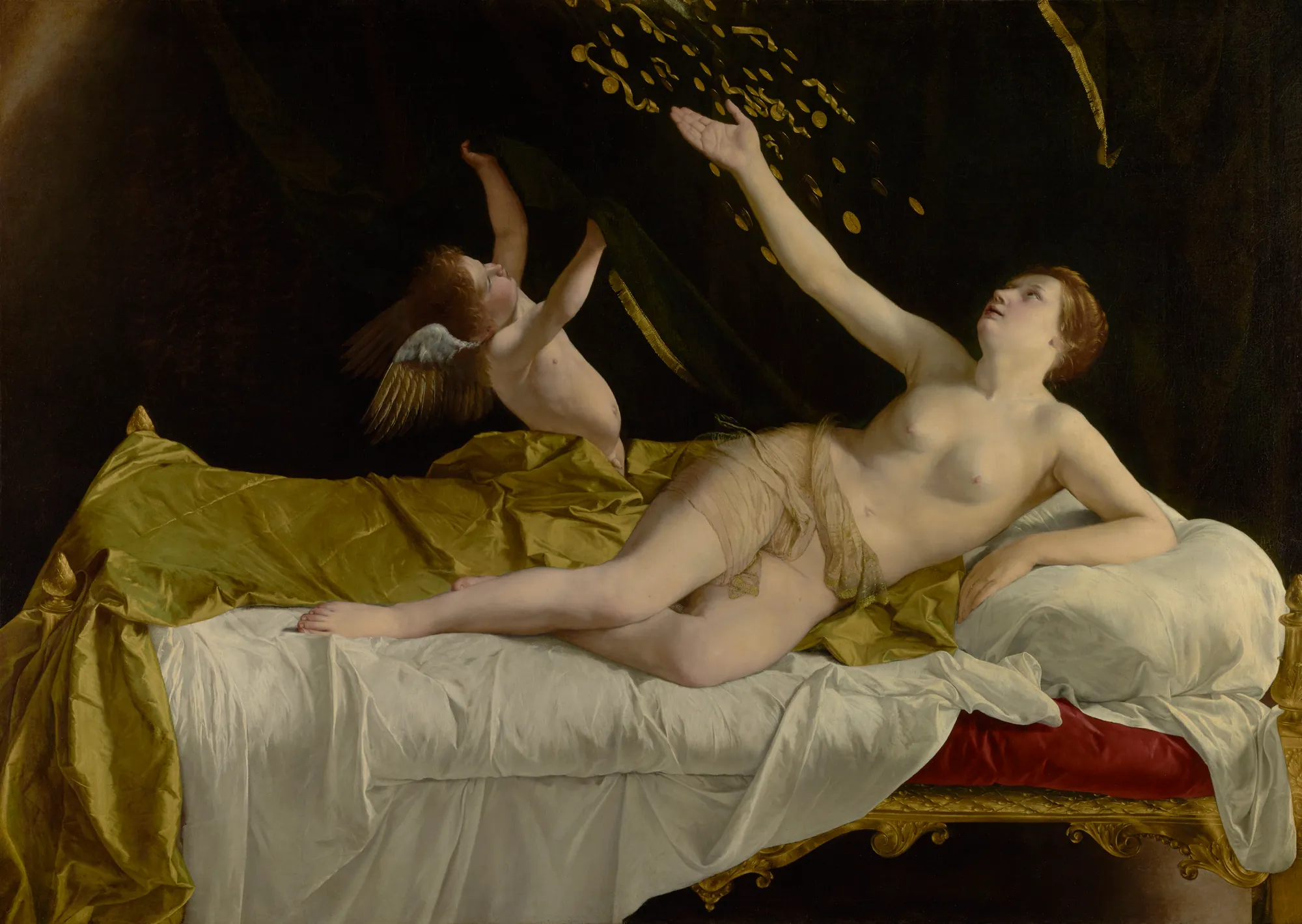 Danaë Danaë by Orazio Gentileschi. A reclining woman reaches toward a shower of gold coins descending from the dark while a winged cupid looks on.