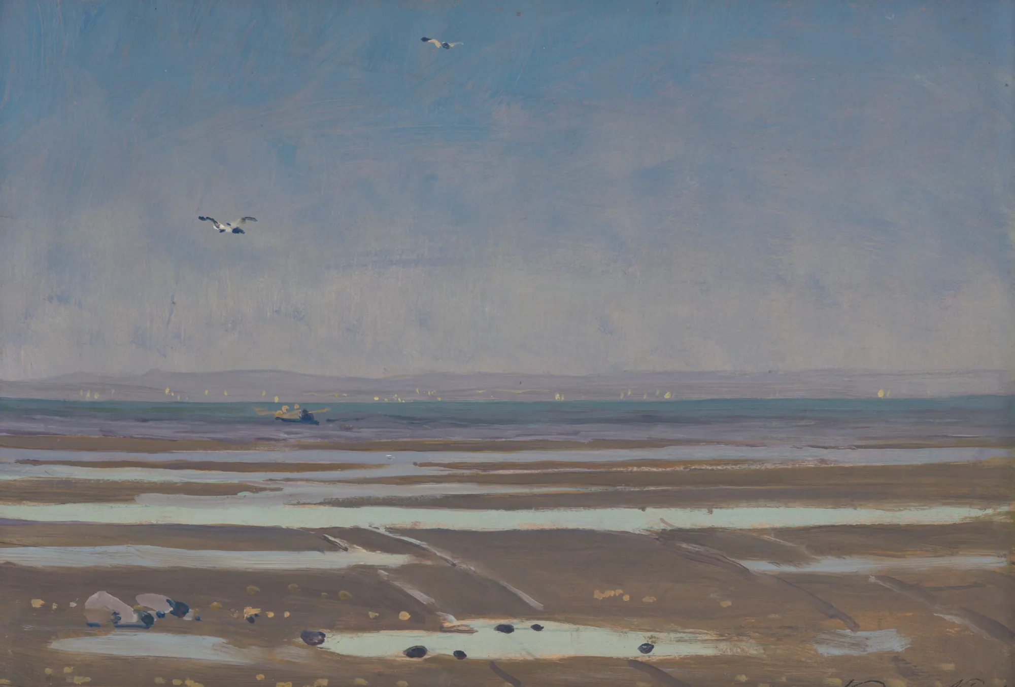 Predjarie (Early Spring) Predjarie (Early Spring) by Nándor Katona. An atmospheric landscape painting of a damp, early spring shoreline with birds flying overhead and small puddles reflecting a soft blue sky.