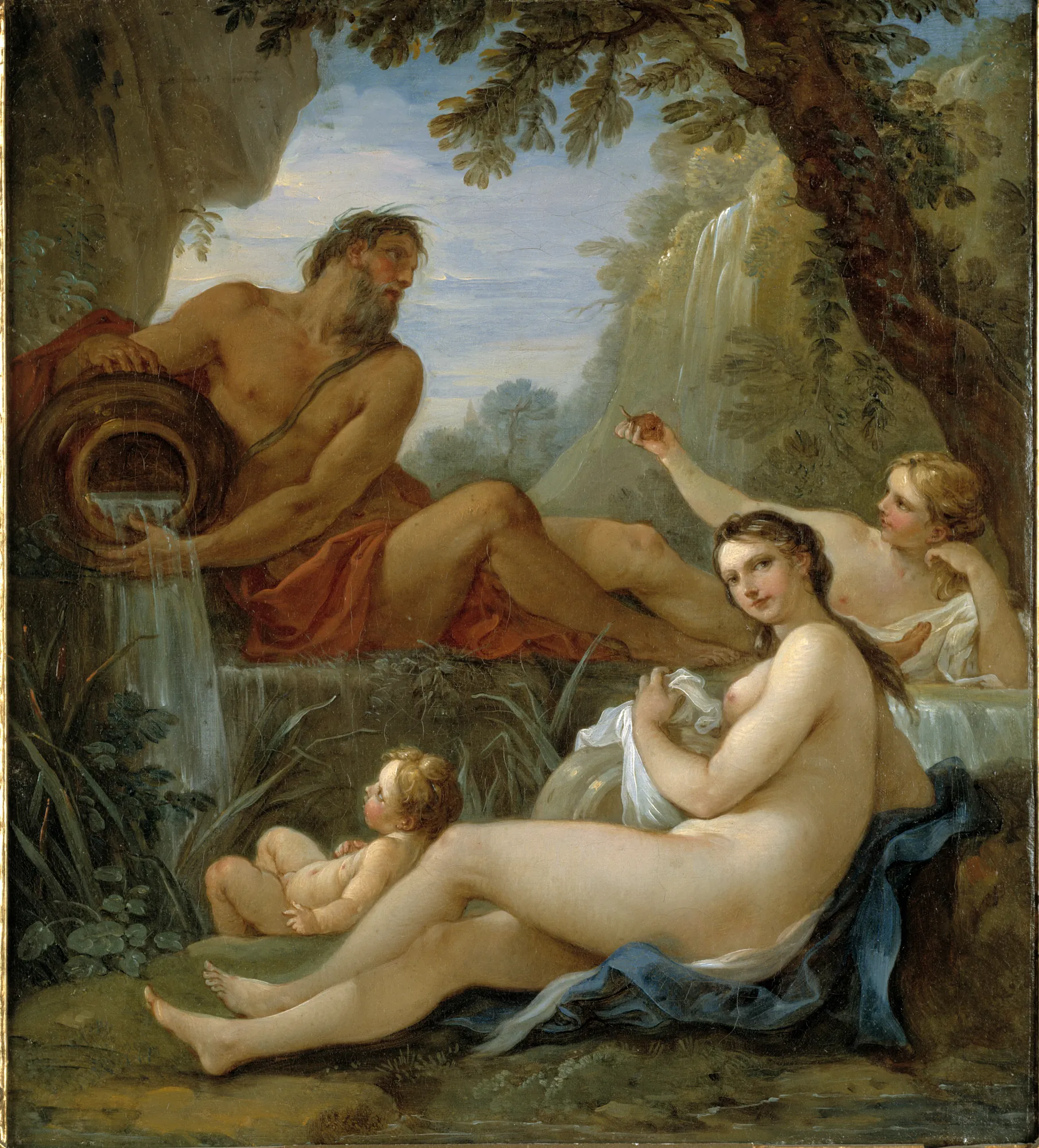 A River and a Fountain Nymph A River and a Fountain Nymph by Charles-Joseph Natoire. A mythological scene featuring a reclining river god pouring water from an urn beside two nymphs and a child near a cascading waterfall.
