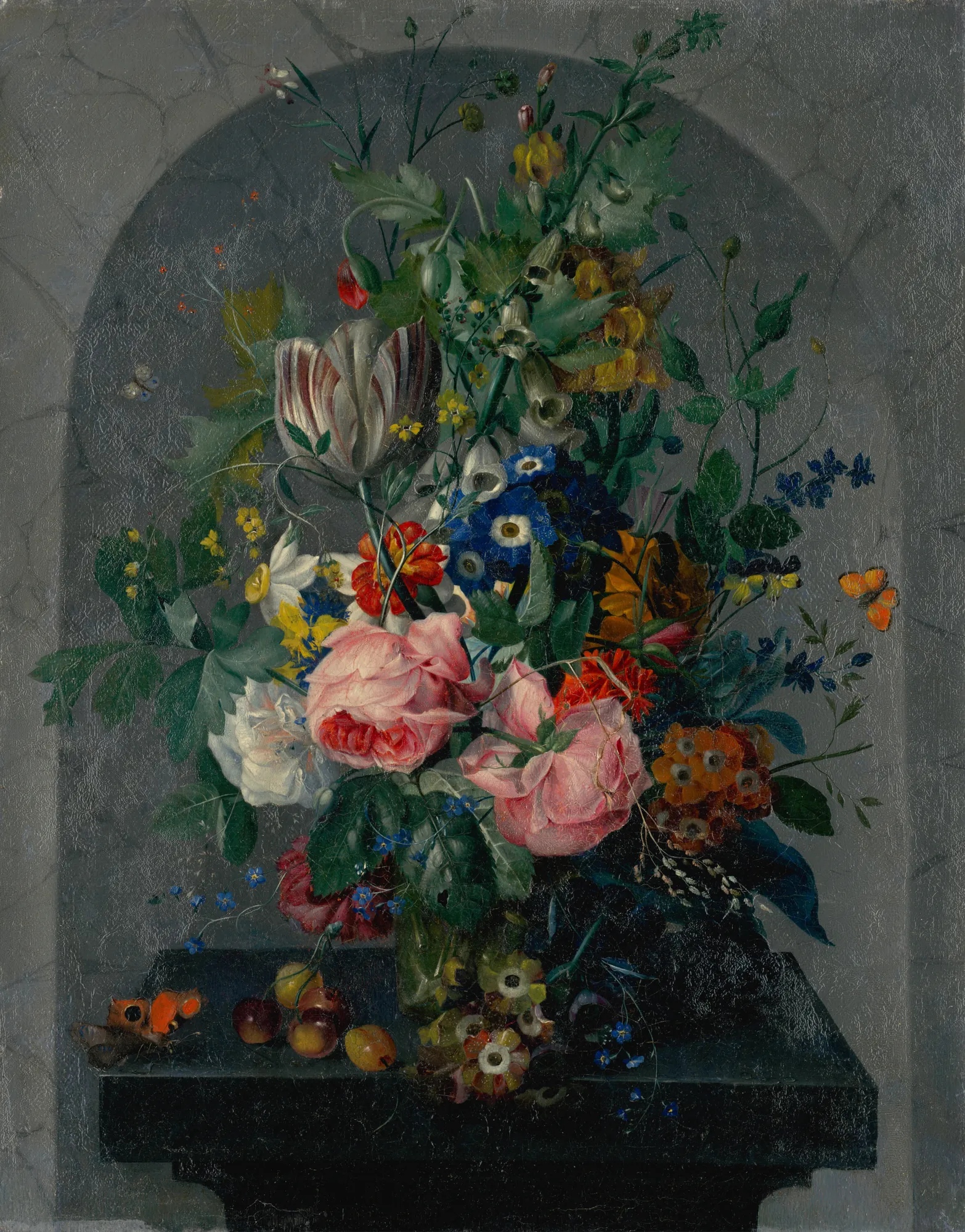 Flower Still Life Flower Still Life by Unknown Artist. An intricate arrangement of roses, tulips, and smaller blooms in a glass vase set upon a stone ledge, accompanied by butterflies and small fruits.
