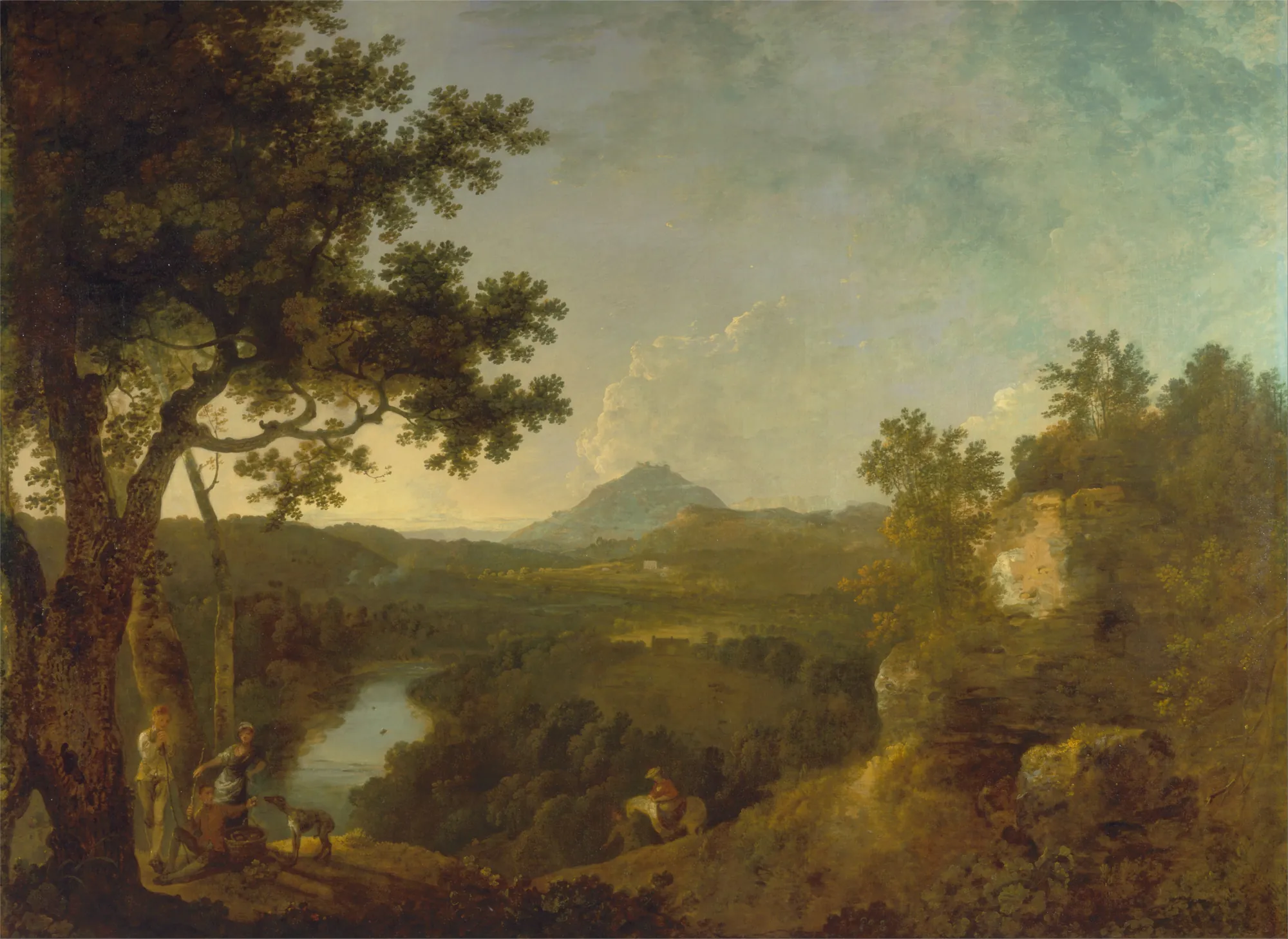 View near Wynnstay View near Wynnstay by Richard Wilson. A wide-reaching landscape painting featuring a winding river in a valley, framed by large trees in the foreground and a distant mountain peak under a soft, cloud-filled sky.