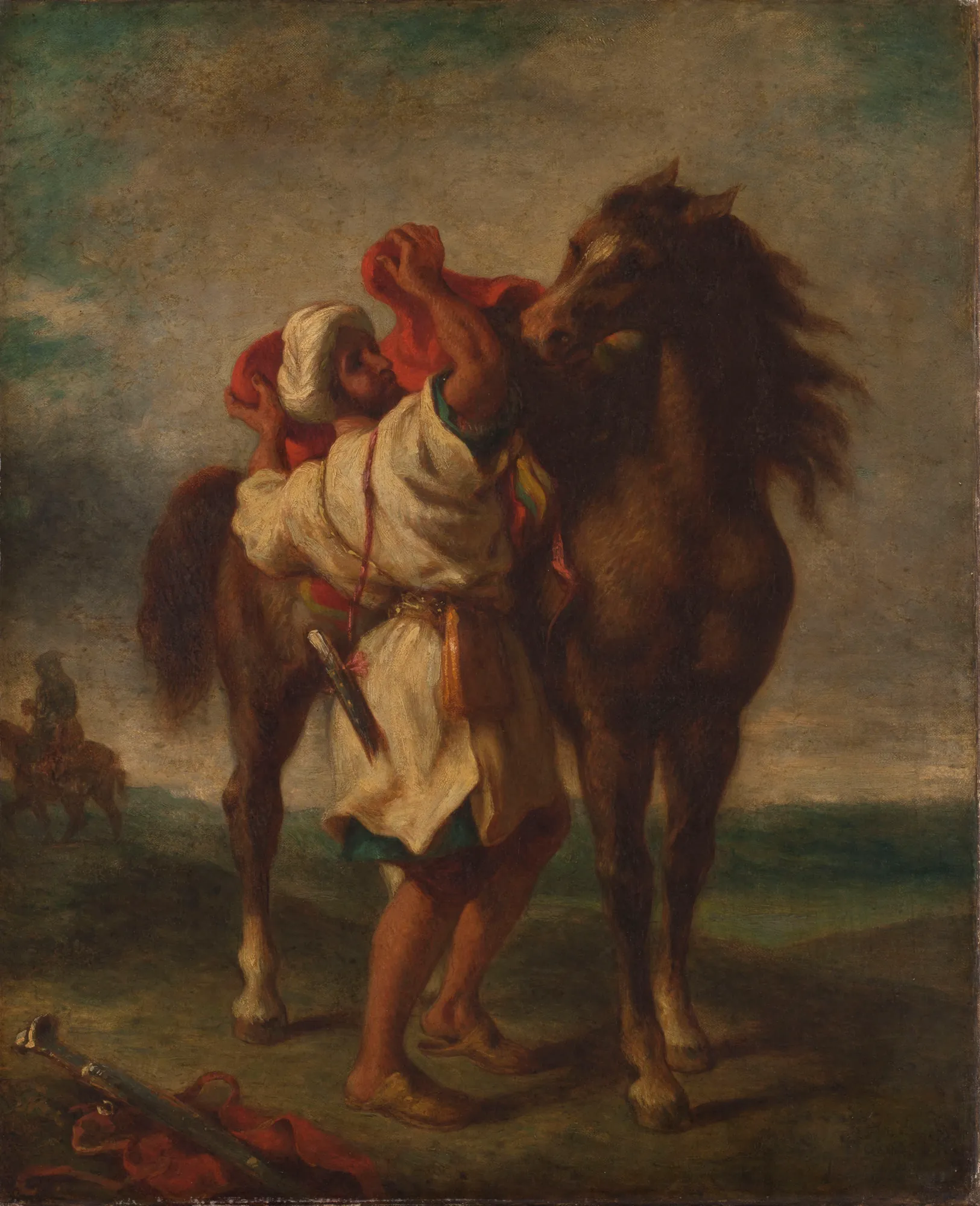Arab Saddling His Horse