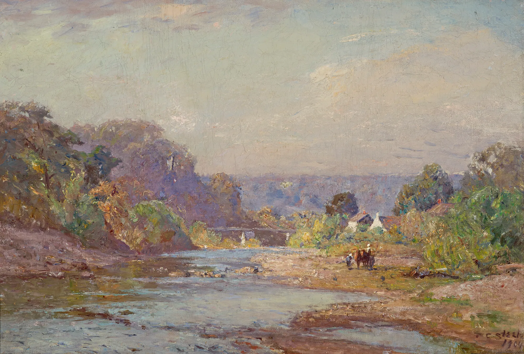 Brookville Landscape Brookville Landscape by Theodore Clement Steele. An impressionistic landscape featuring a wide river under a hazy sky, with lush trees on the banks and figures tending horses near the water.