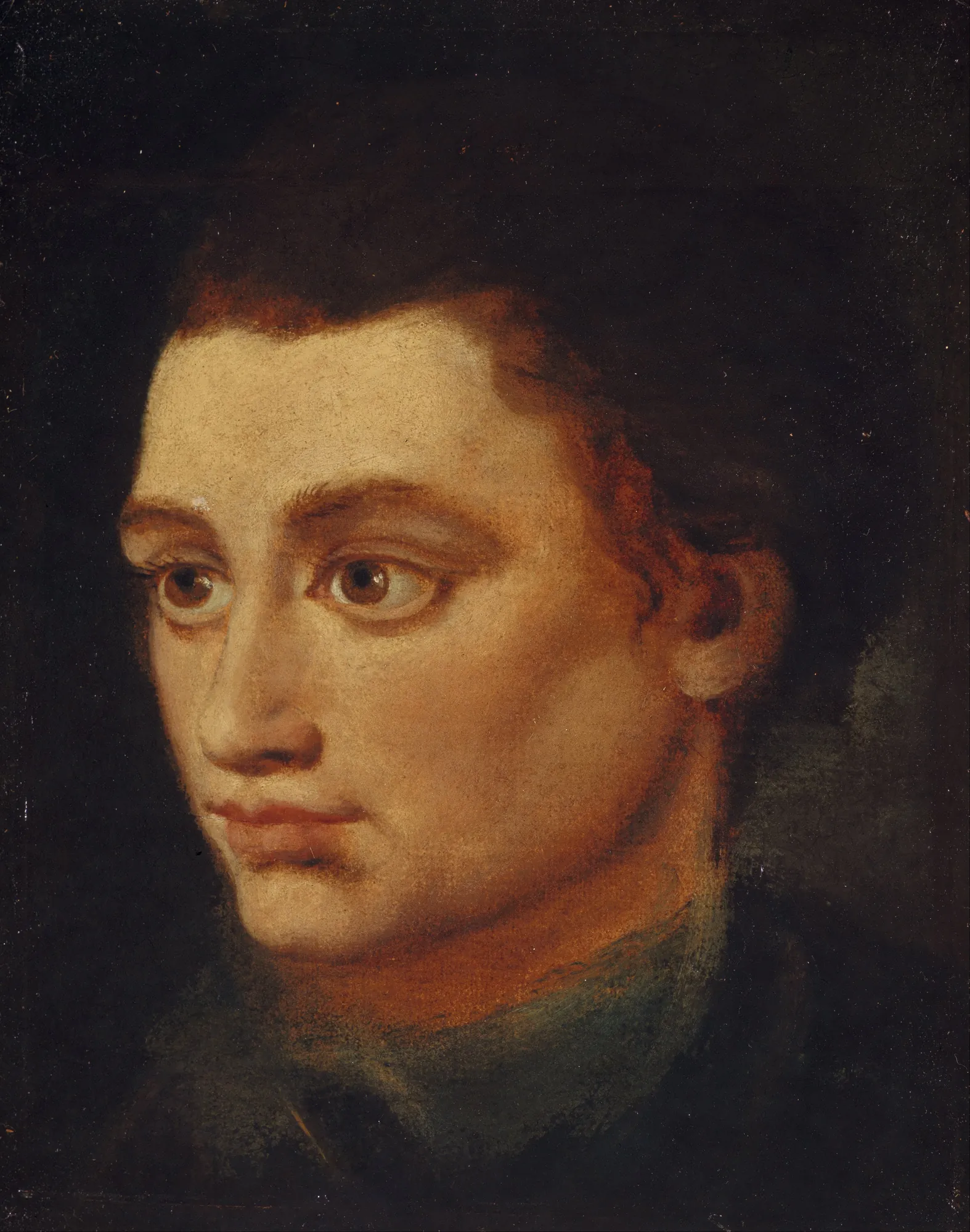 Robert Fergusson Robert Fergusson by Alexander Runciman. A close-up oil portrait of a young man with dark, curly hair and expressive brown eyes, gazing slightly to the side against a dark, atmospheric background.