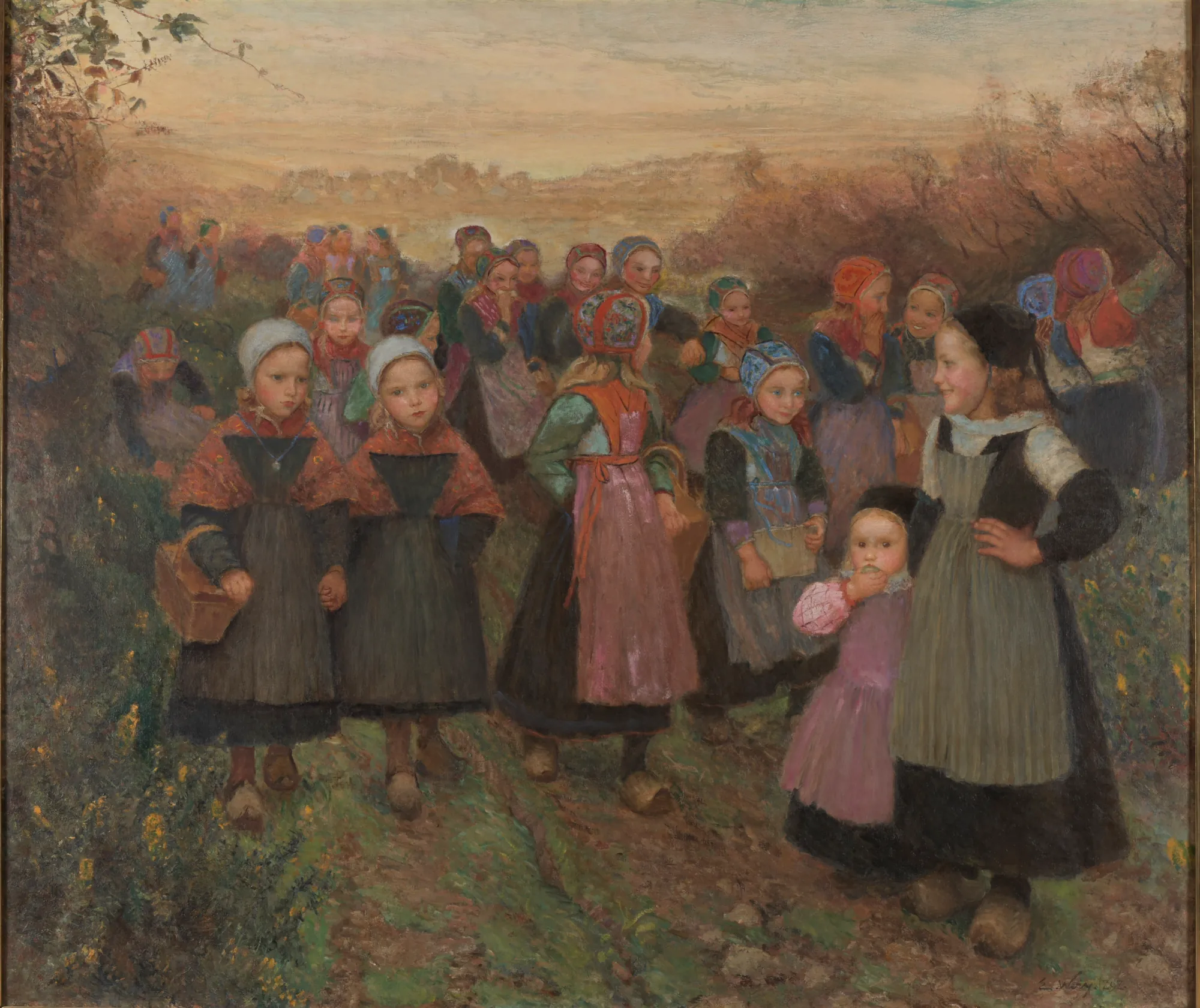 Retour d'école à Plougastel Retour d'école à Plougastel by Émile Auguste Wéry. A group of children in traditional Breton costume walk along a rural dirt path under a pale, atmospheric sky.