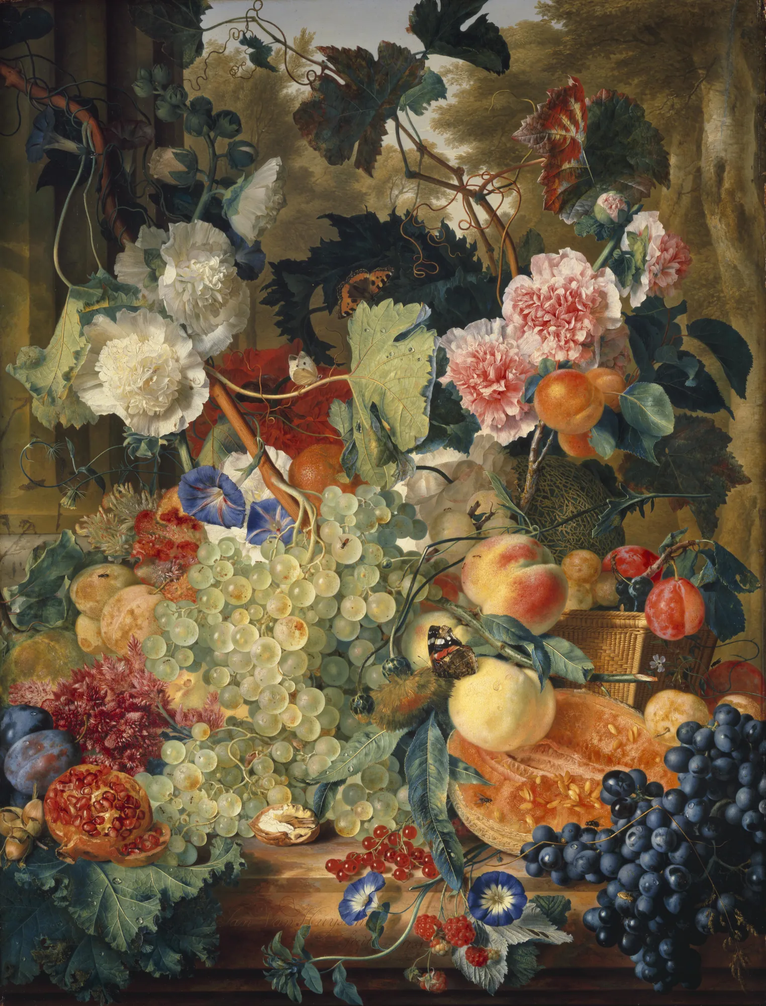 Still Life of Flowers and Fruit on a Marble Slab