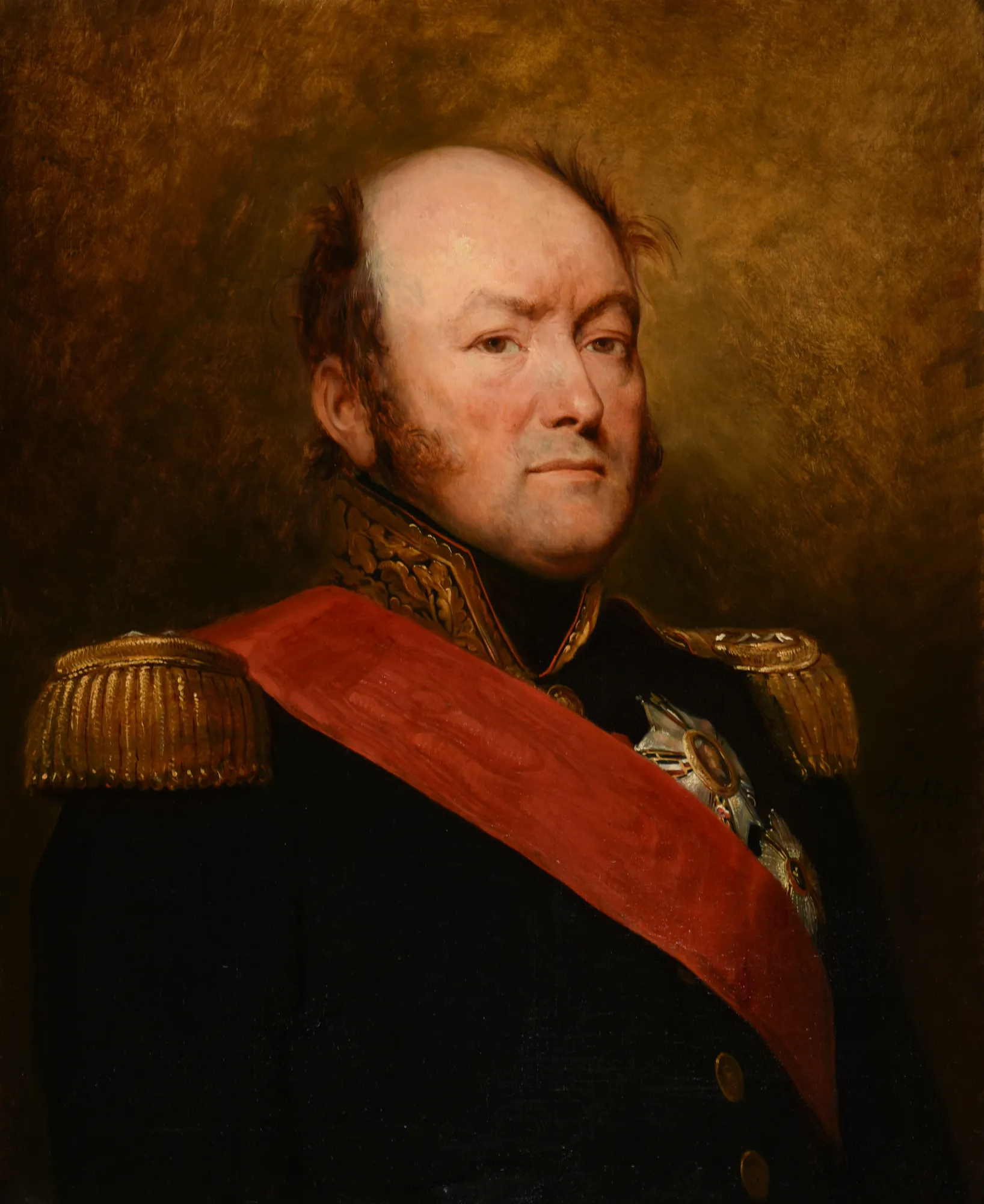 Portrait of Comte Drouet d'Erlon Portrait of Comte Drouet d'Erlon by Ary Scheffer. A waist-up portrait of a balding man in a dark military uniform with gold epaulettes and a vibrant red sash against a warm, textured brown background.