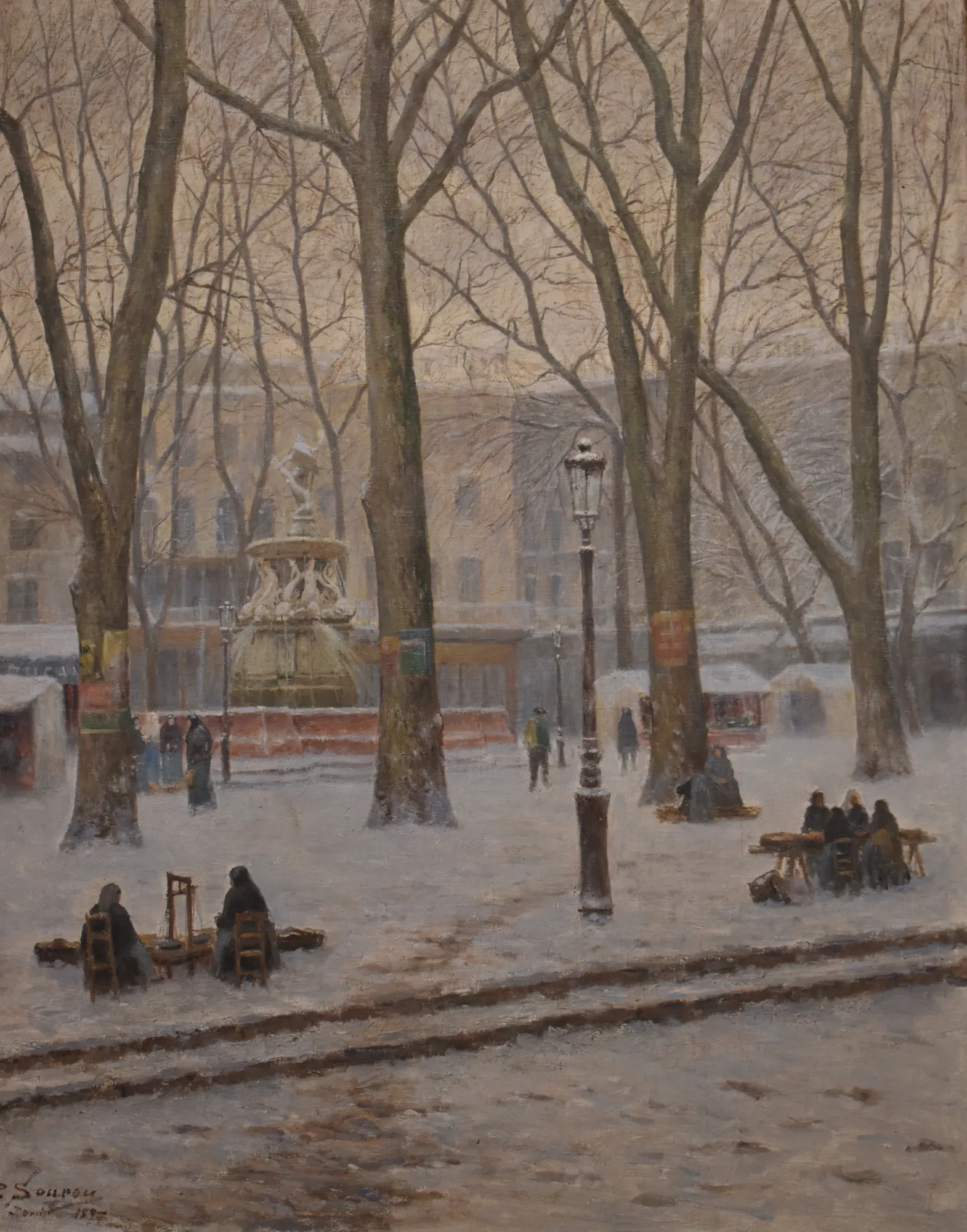 Place Carnot Place Carnot by Paul Sourou. A wintry town square covered in snow, featuring bare trees, a central stone fountain, and small figures gathered on benches or walking through the square.