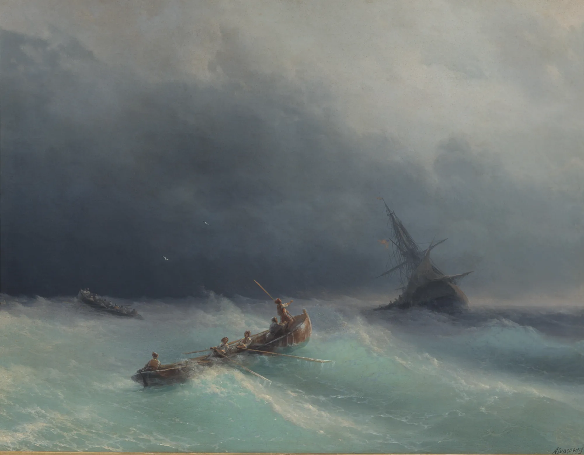 Storm at Sea Storm at Sea by Ivan Aivazovsky. A small rowing boat with several figures struggles against large, churning turquoise waves under a dark, heavy storm cloud while a larger ship founds in the distance.