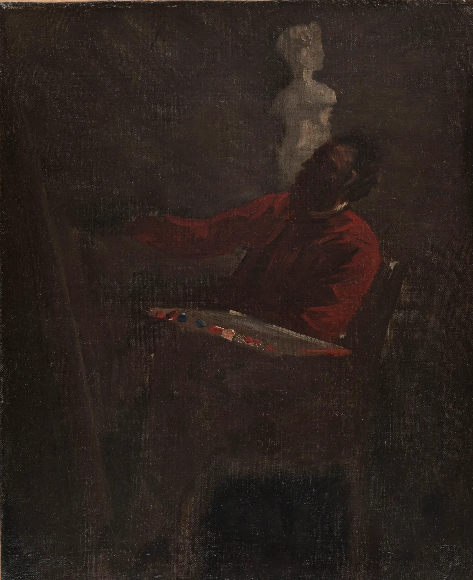 Carpeaux in a Red Jacket Painting in his Studio