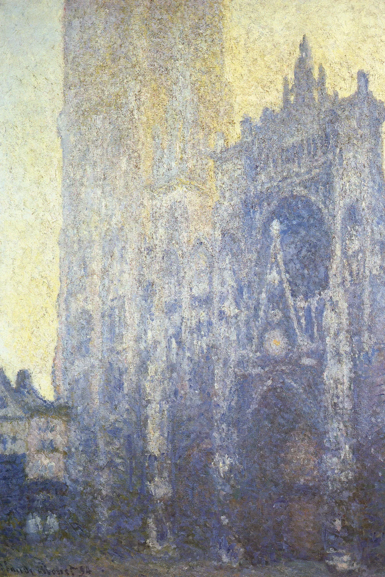 Rouen Cathedral, Portal, Morning Light Rouen Cathedral, Portal, Morning Light by Claude Monet. An Impressionist painting of the Rouen Cathedral's Gothic facade bathed in soft, hazy morning light.