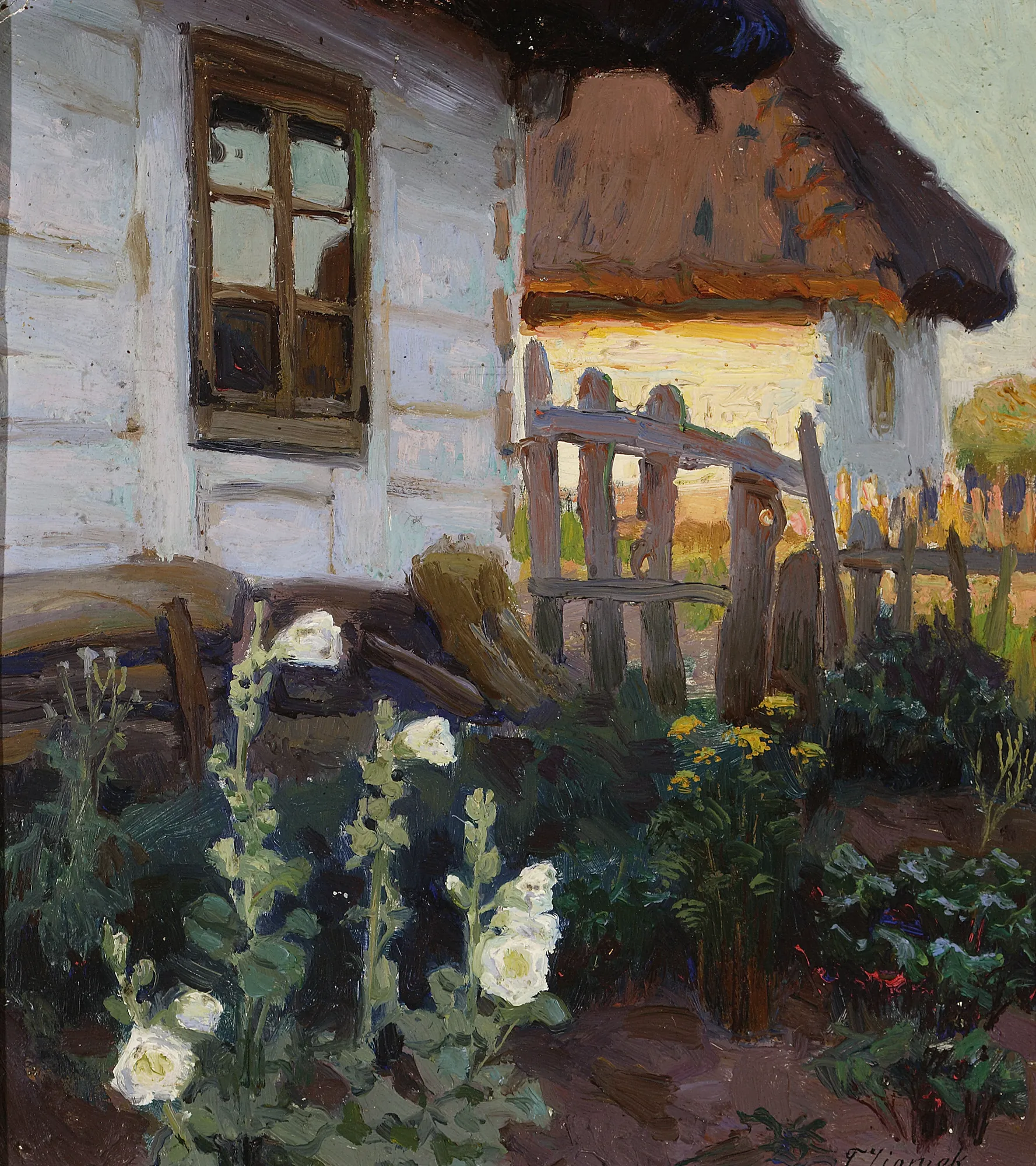 Landscape with a Cottage and Hollyhocks
