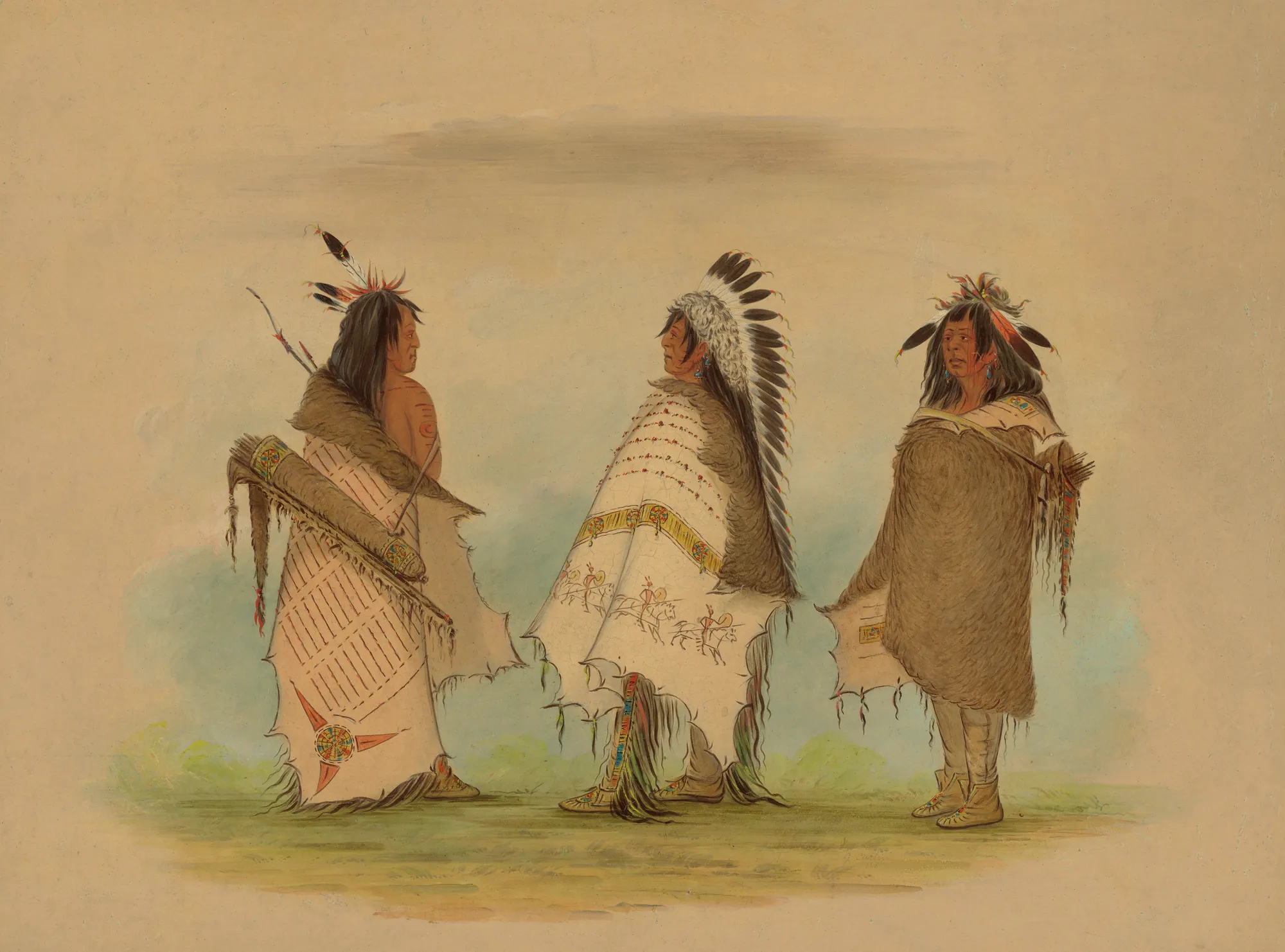 Three Shoshonee Warriors Three Shoshonee Warriors by George Catlin. Three Shoshone warriors stand in profile and three-quarter views, wearing ornate painted robes and feathered headdresses against a soft, minimalist sky.