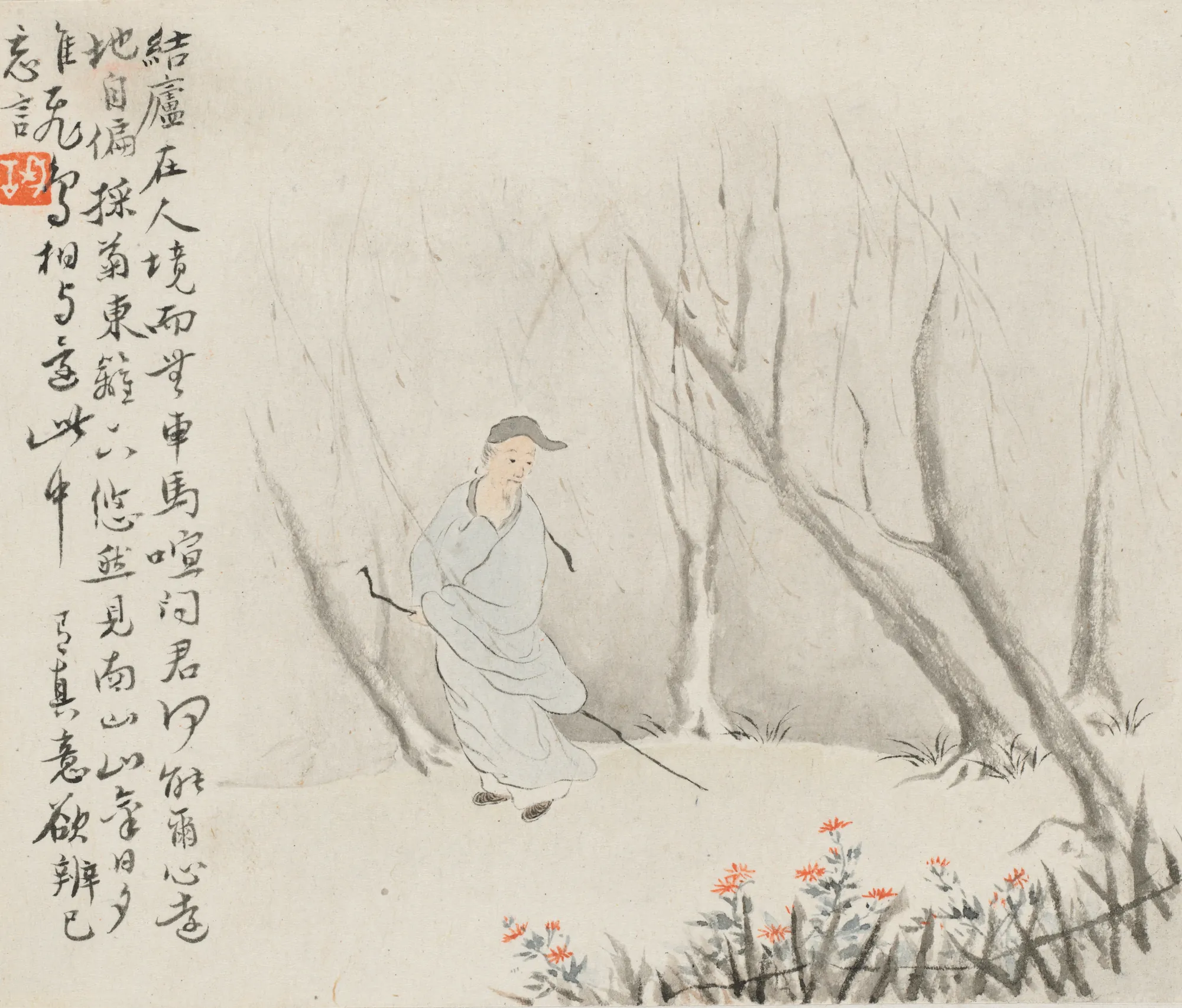 Man with a Staff Admires Chrysanthemums at a Fence