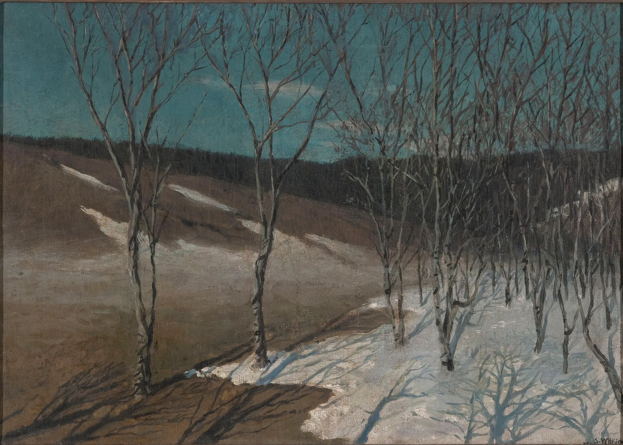 Early Spring Early Spring by Stanisław Ignacy Witkiewicz, Stanisław Witkiewicz. Bare trees stand in a brown field partially covered by melting white snow under a deep blue-grey sky.