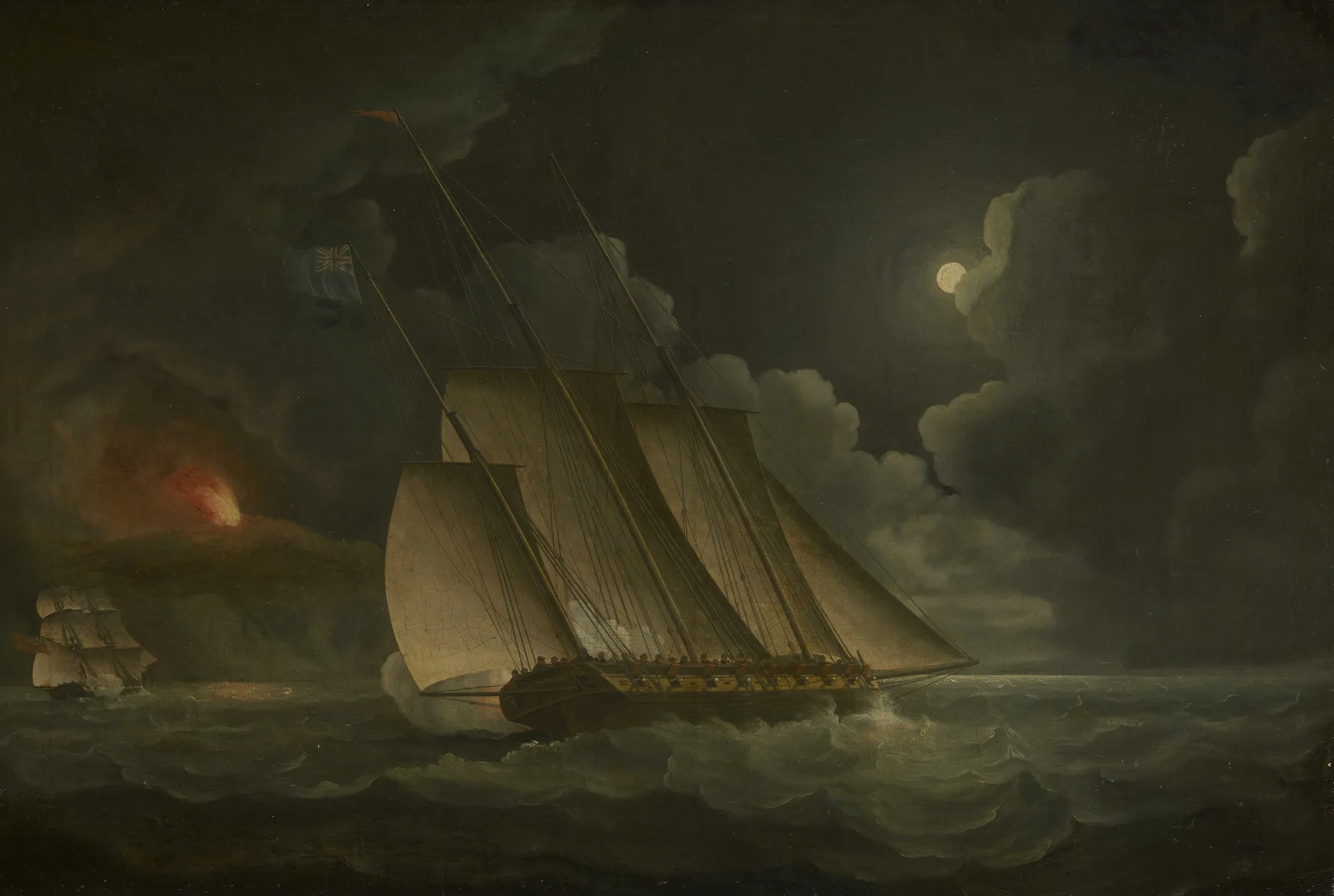 A Lugger and a Brig in Chase by Moonlight
