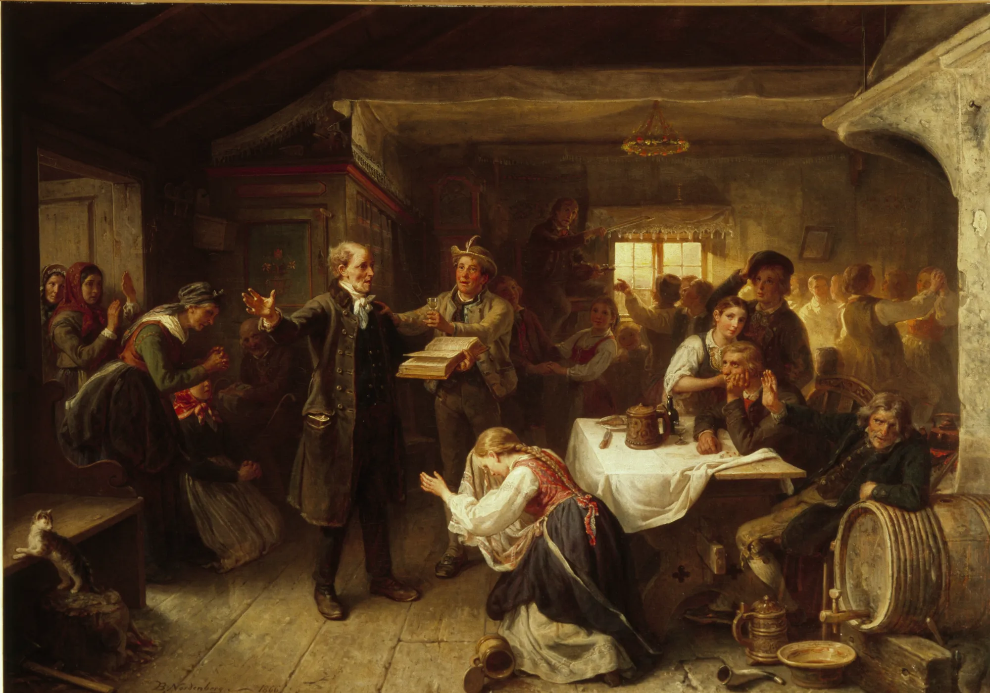 A Revivalist Disturbs the Merrymaking A Revivalist Disturbs the Merrymaking by Bengt Nordenberg. A solemn preacher stands in the center of a crowded rustic interior, gesturing with open arms as villagers react with prayer, curiosity, or indifference.