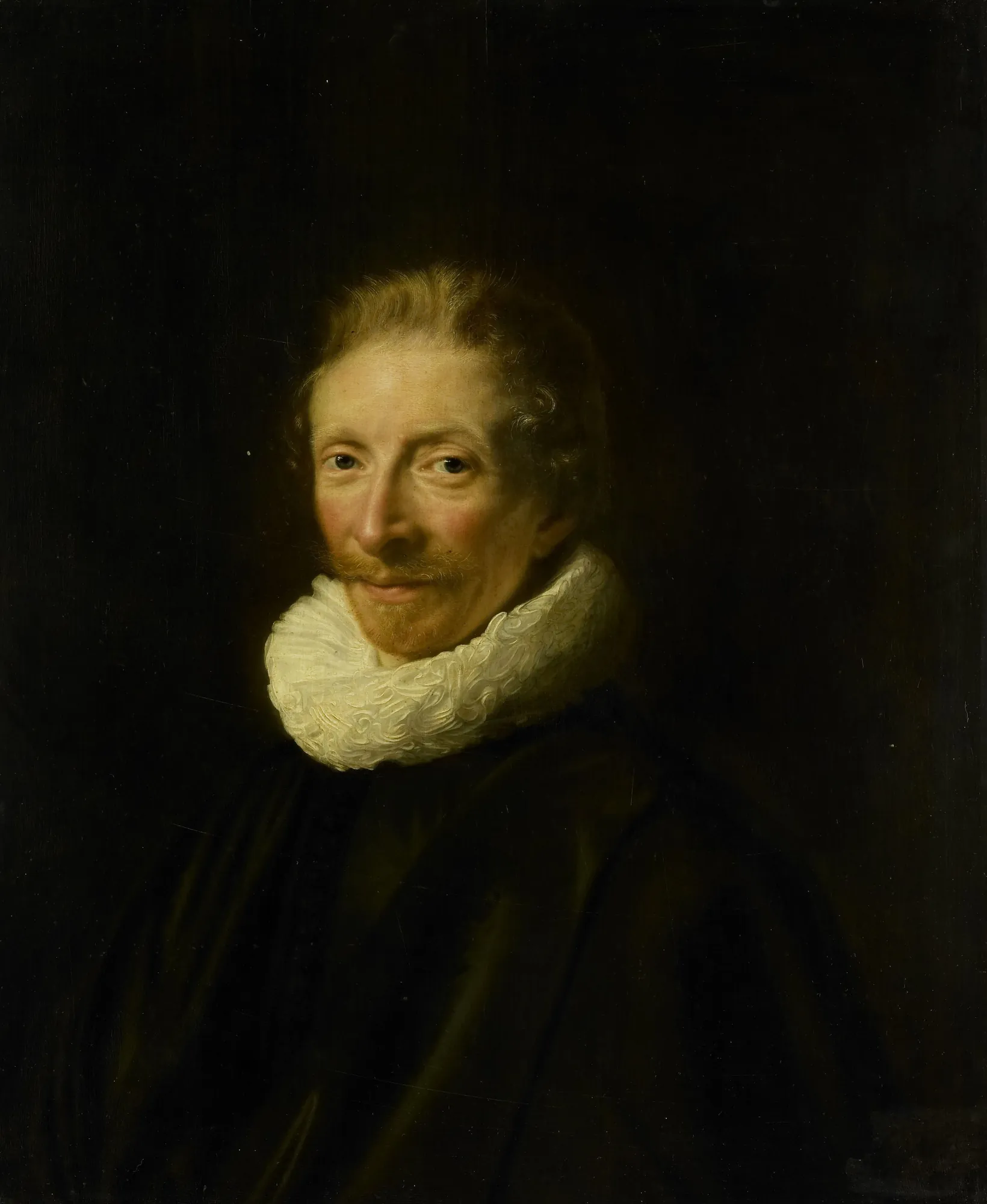 Portrait of David de Moor Portrait of David de Moor by Abraham de Vries. A bust-length portrait of a man with a mustache wearing a large white ruff collar against a dark, minimalist background.