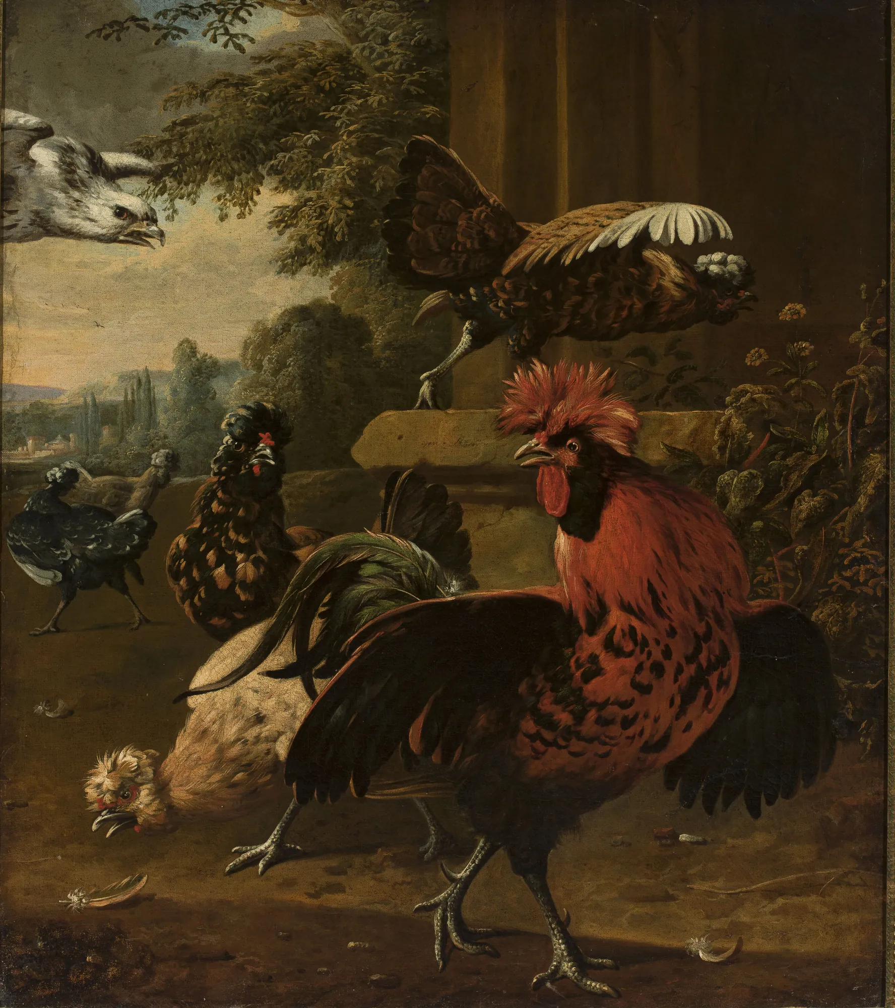Birds Attacked by a Hawk Birds Attacked by a Hawk by Willem Frederiksz van Royen. A dynamic farmyard scene featuring a vibrant red-crested rooster and several hens reacting with alarm to a hawk diving from the upper left.