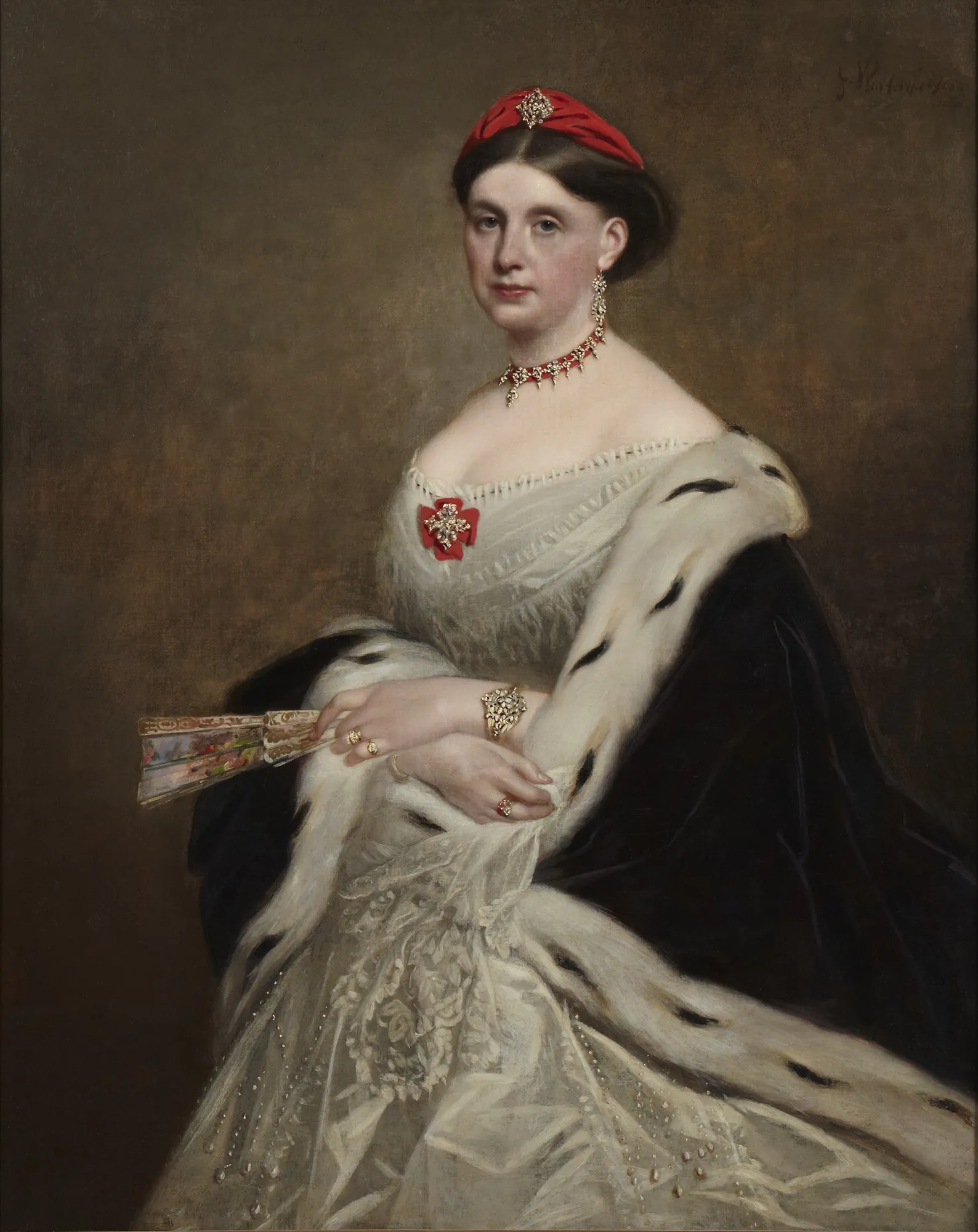 Louisa Hargreaves Louisa Hargreaves by Franz Xaver Winterhalter. A formal three-quarter length portrait of a woman in an elaborate white lace gown with a black fur-trimmed mantle and a red headpiece.