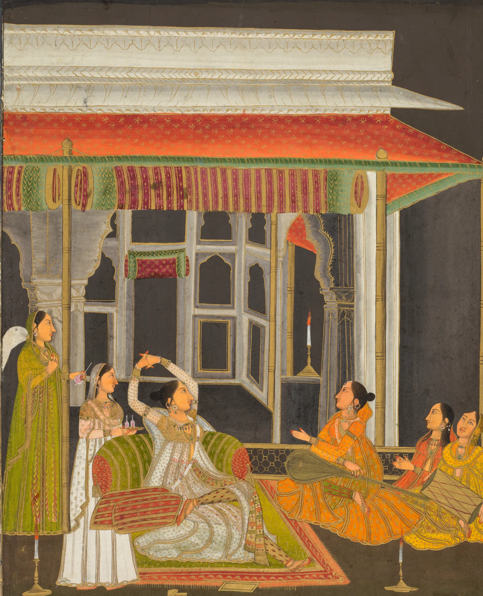 A Princess on a Terrace with Attendants at Night