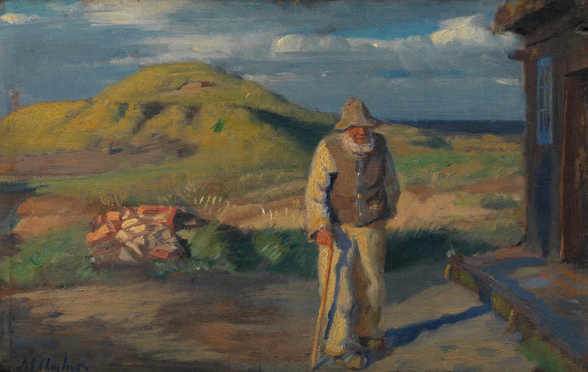 A Blind Man Outside His House