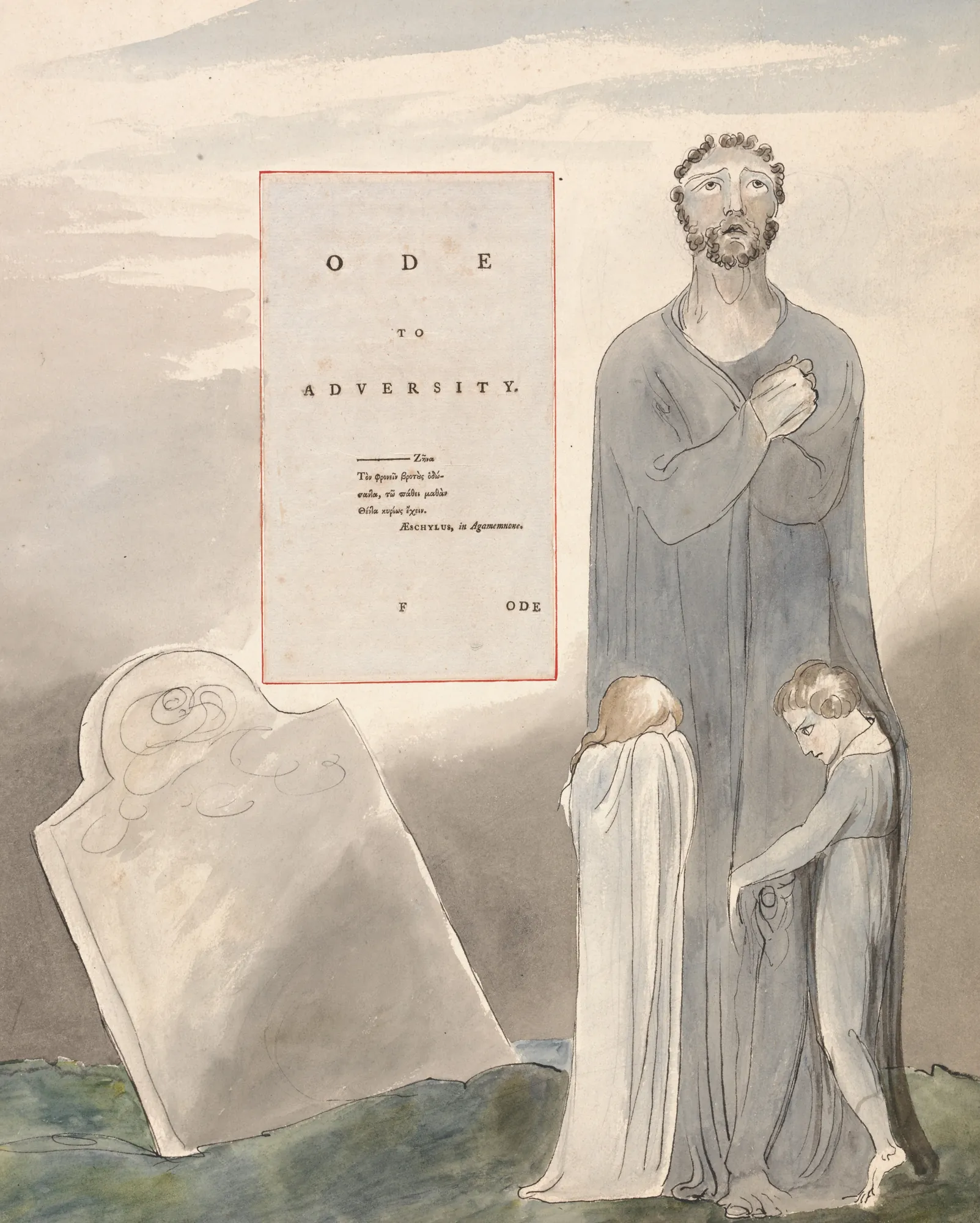Ode to Adversity Ode to Adversity by William Blake. A somber, robed man and two mourning figures stand beside a tombstone, flanking a central text panel from a classic poem.