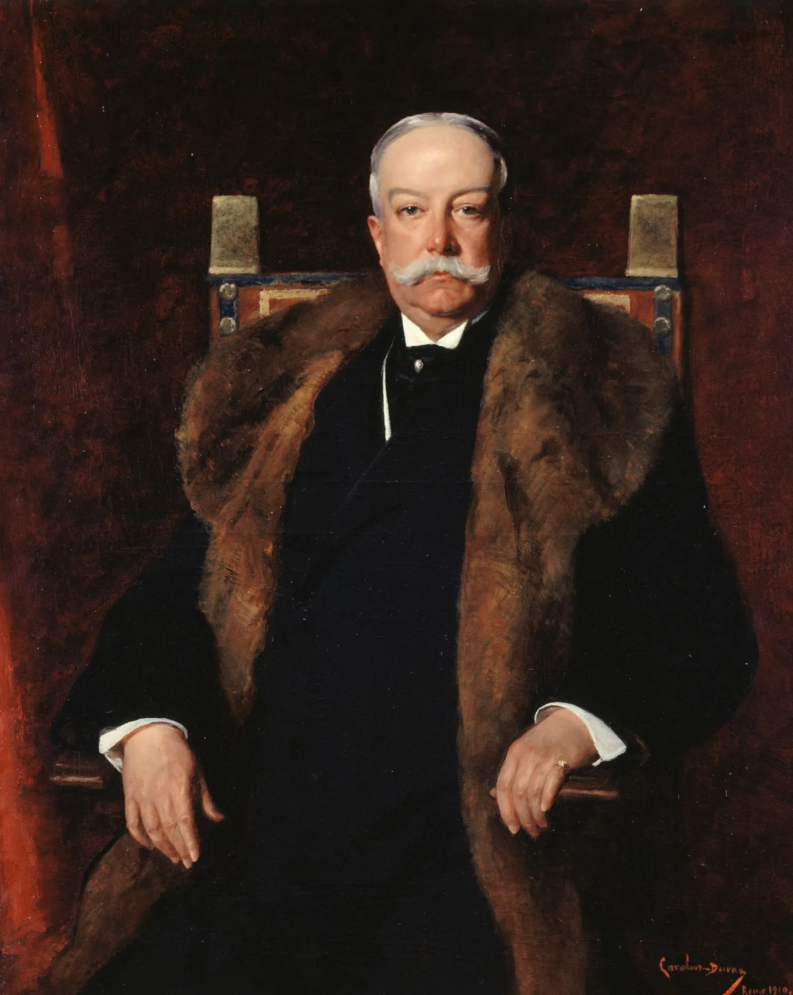 Portrait of Augustus Gurnee Portrait of Augustus Gurnee by Carolus-Duran. A formal oil portrait of an elderly man with a white mustache, seated in a chair and wearing a dark coat with a voluminous brown fur collar.