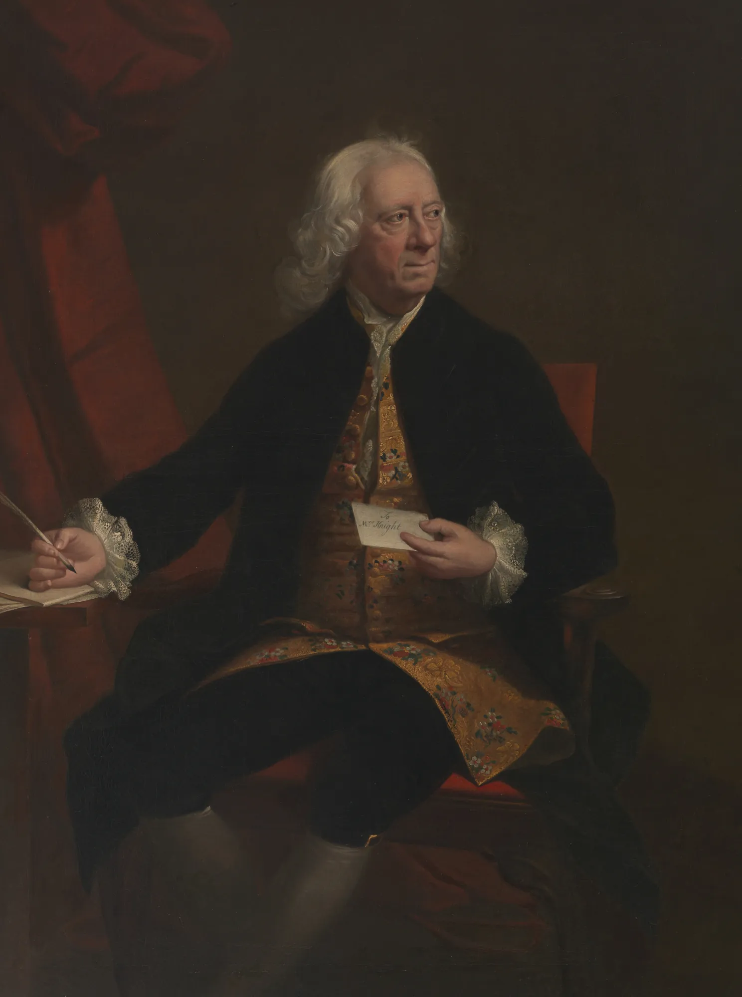 Daniel Cunyngham Daniel Cunyngham by Mason Chamberlin. A seated three-quarter-length portrait of an elderly gentleman in a gold waistcoat holding a quill and a letter.