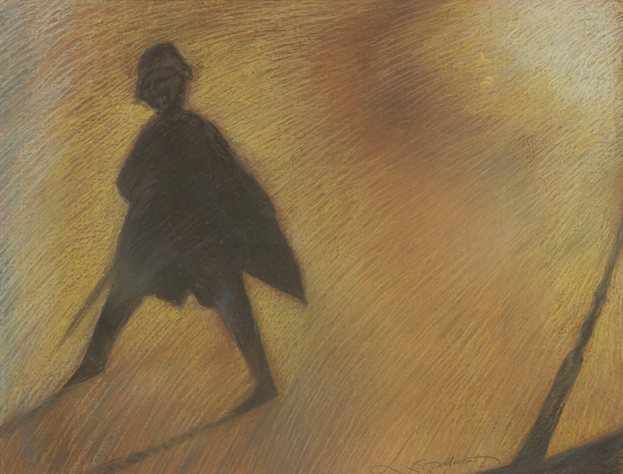 Het einde van een mooie dag (Figuur in tegenlicht) Het einde van een mooie dag (Figuur in tegenlicht) by Léon Spilliaert. A dark, silhouetted figure walks across a textured background shimmering with golden, amber, and earthy tones.