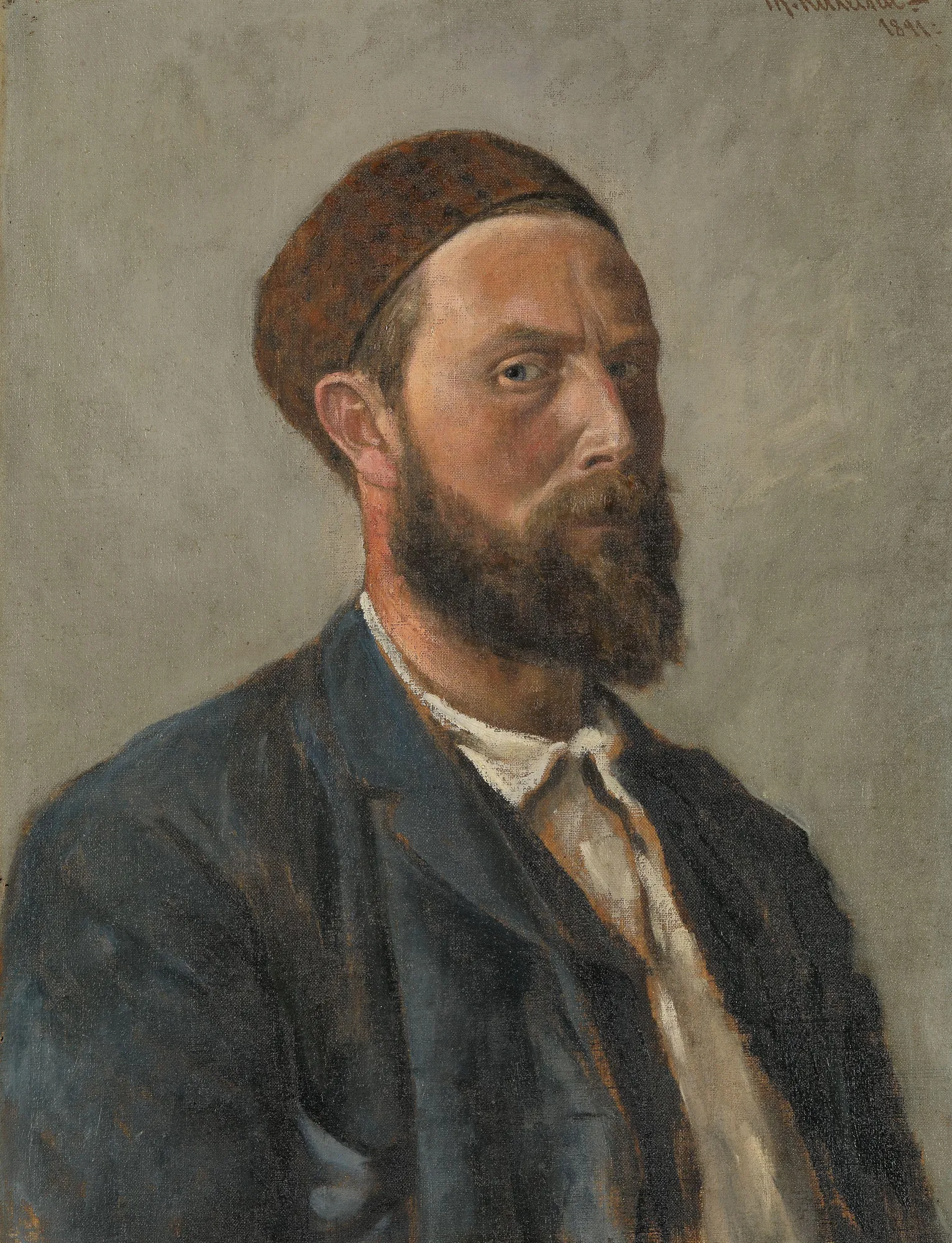 Self-Portrait Self-Portrait by Theodor Kittelsen. A close-up oil portrait of a bearded man wearing a brown cap and a dark jacket over a white shirt, looking directly at the viewer.