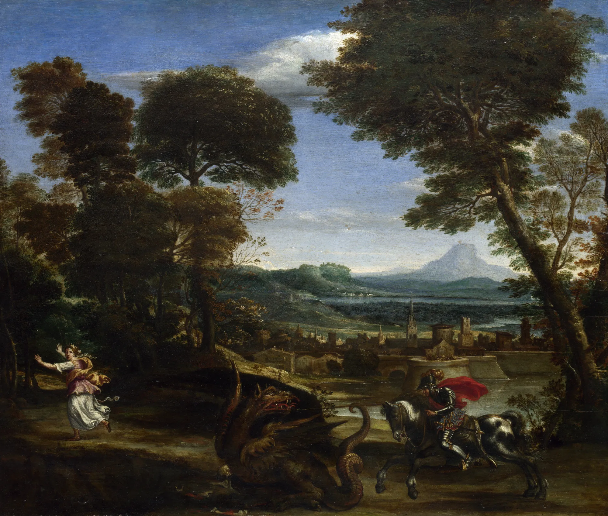 Saint George and the Dragon Saint George and the Dragon by Domenichino. A knight in full armor on a dappled horse spears a winged dragon in the foreground of a sweeping, atmospheric landscape.